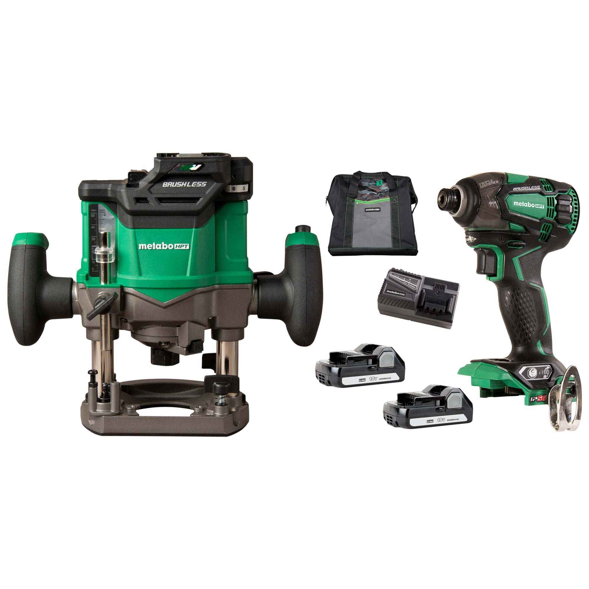 Metabo HPT Multi-Volt 1/4-in and 1/2-in 2-HP Plunge Router with 18V Triple Hammer Impact Drill Kit