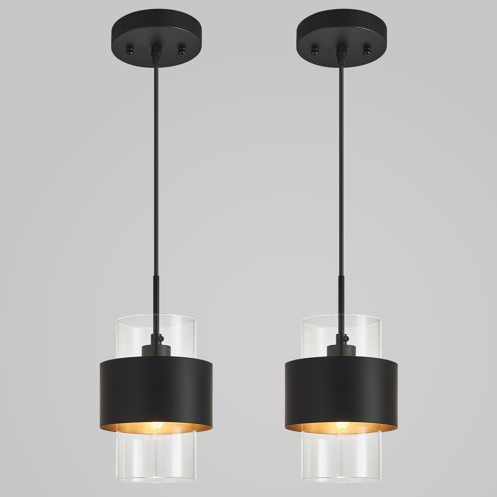 ZHLLMQ Modern 1-Light 2 Pack Cylinder Shade Brushed Black Finish Clear Double Layer Glass Non-Integrated LED 5.51 Inch Kitchen Island Hardwired Mini Pendant Light