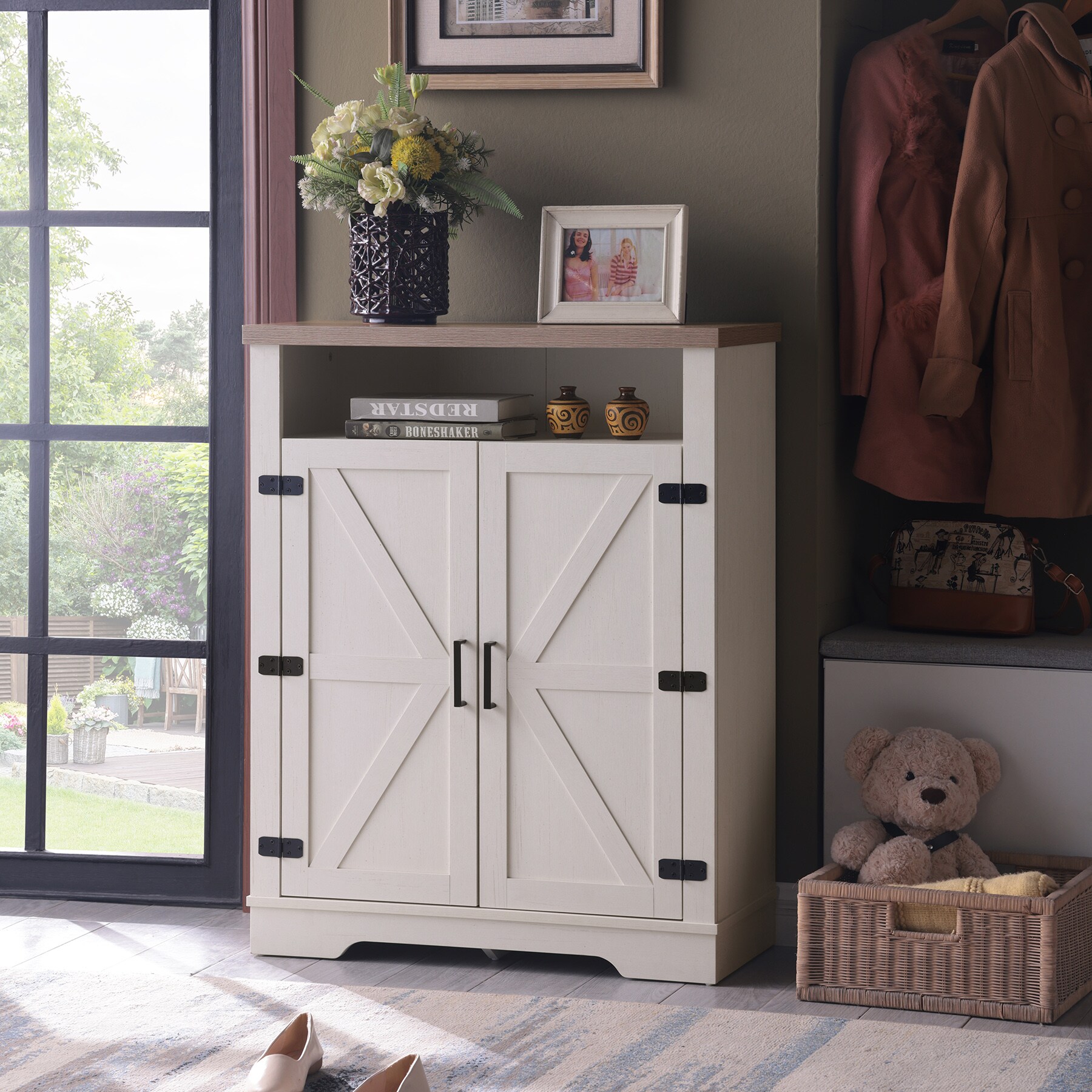 LOVMOR SF-H-W3151P264510 Farmhouse Shoe Cabinet Adjustable 4 Tier Rustic Storage Bench Entryway Hallway