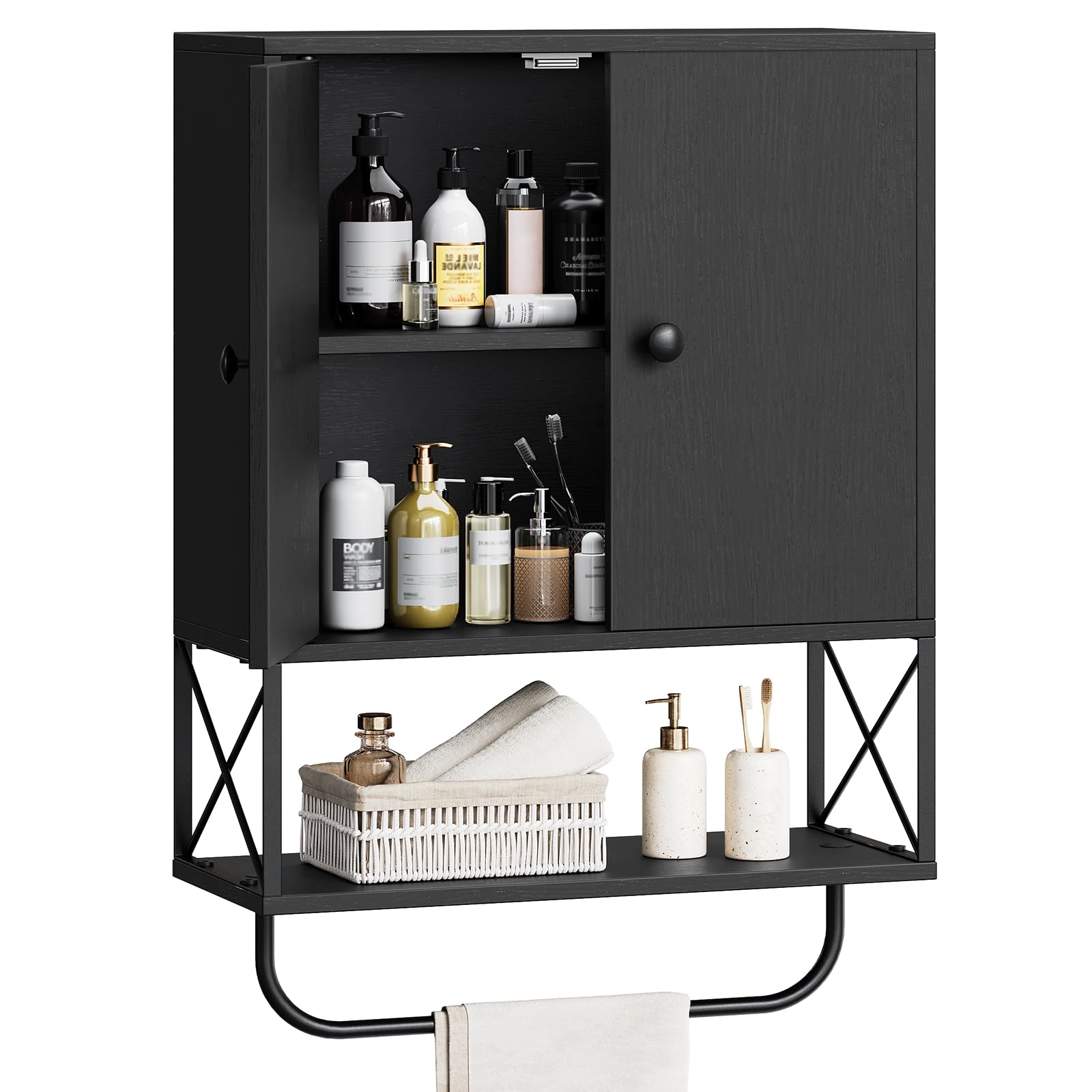 Lovav Bathroom Wall Cabinet With Doors Adjustable Shelves Towel Rack Over Toilet Storage Black
