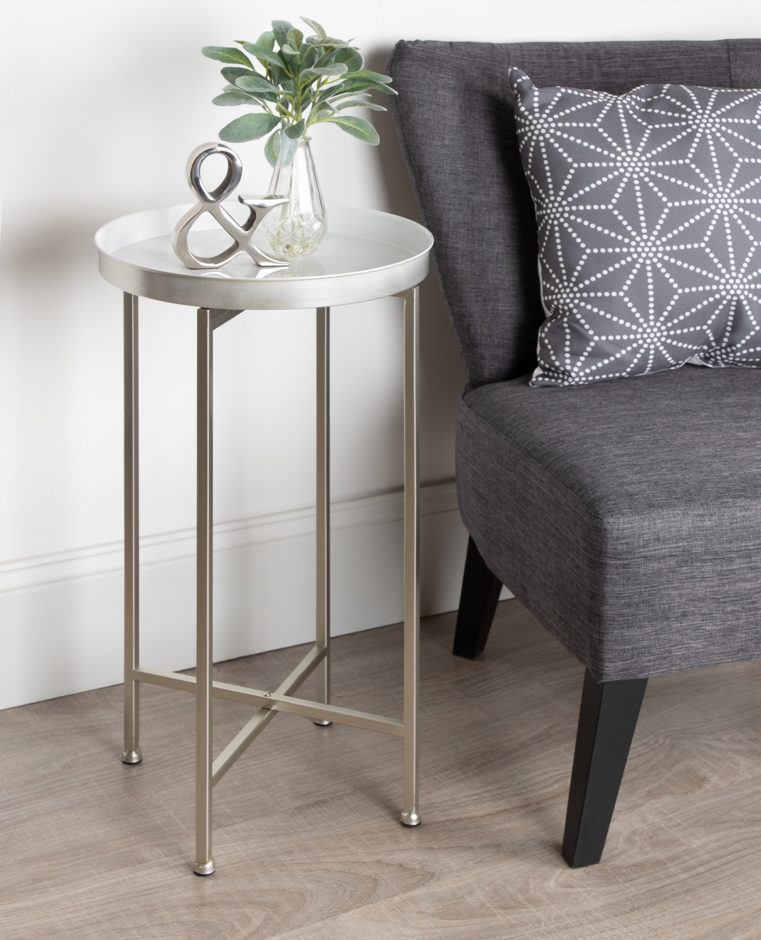 Celia White and Silver Round Metal Foldable Tray Accent Table
