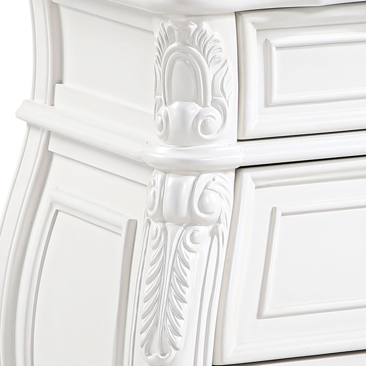 Opulence Pearl White 3-Drawer Nightstand with Intricate Carvings