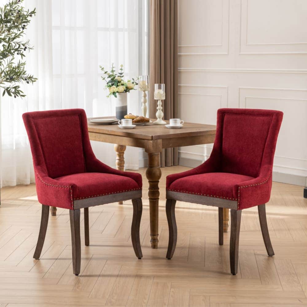 Maison Boucle NIVA-CHAIR-RED Set of 2 Red Upholstered Dining Chairs with Bronze Nailhead Trim and Solid Wood Legs for Kitchen