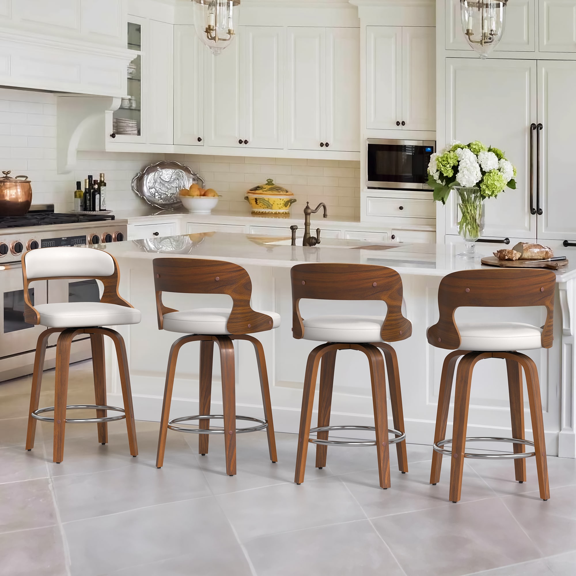 LUE BONA 4YB-042-01LS 4 -Set Ivory/Faux leather 26-Inches H Counter height Square seat Upholstered Swivel Wood Bar Stool and Back
