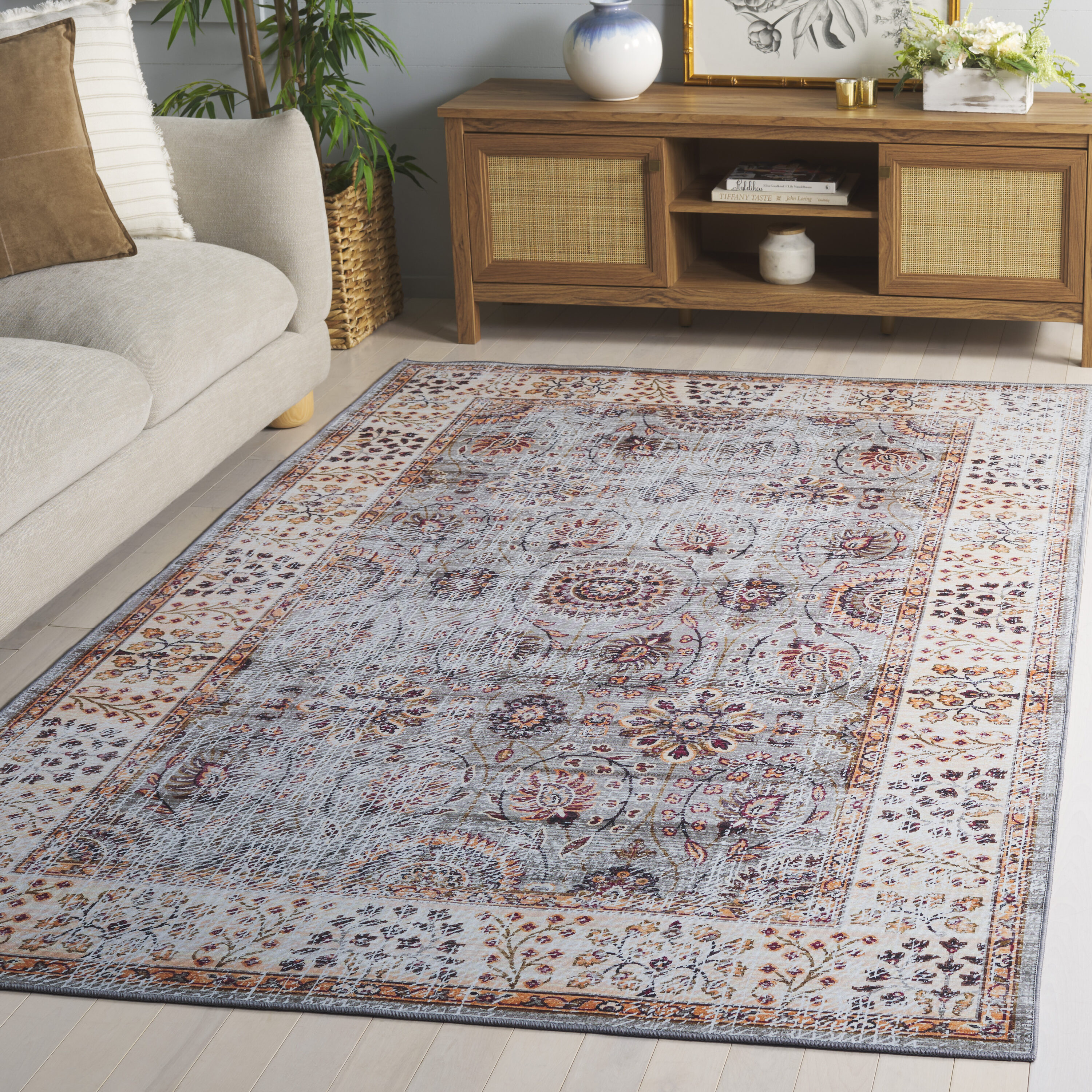 Tucson 204F Grey Green Beige Machine Washable/Slip Resistant 5ft x 8ft Traditional Rug