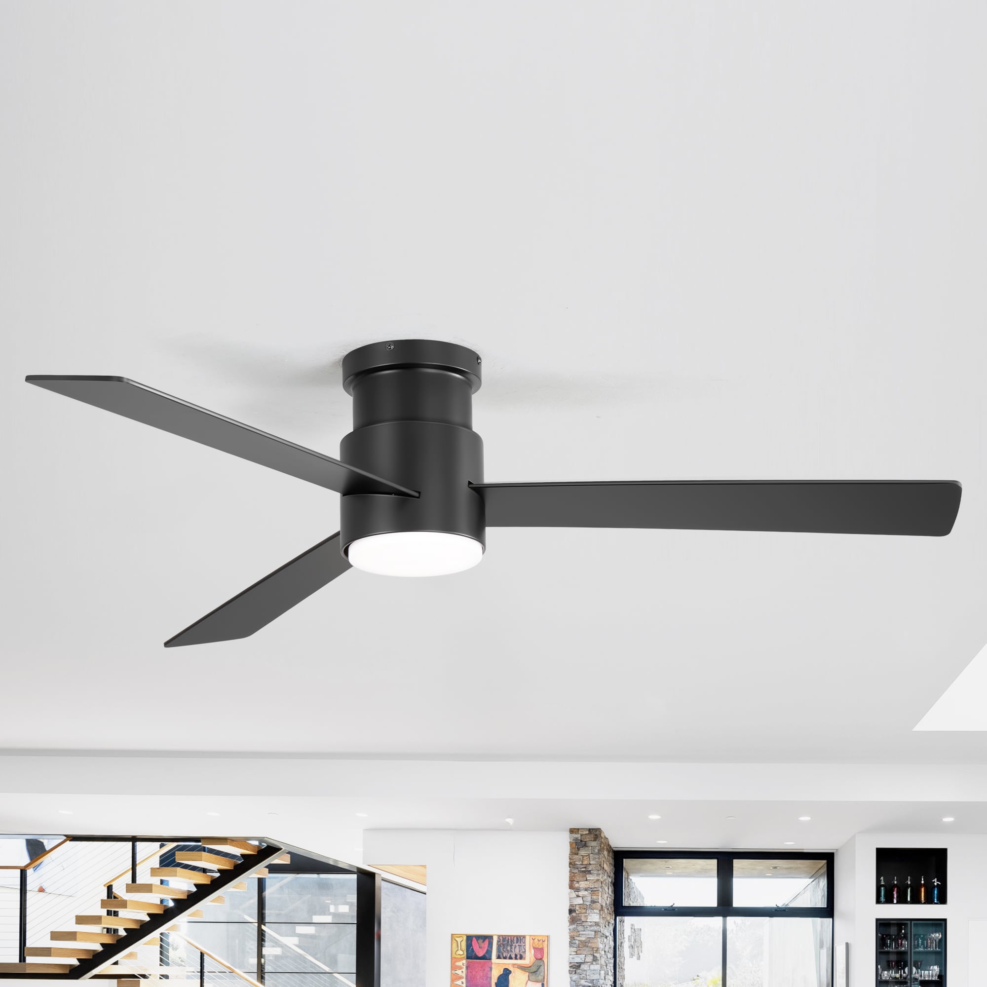 Breezary 24036-AB 52-in Color-Changing Integrated LED Flush Mount Matte Black with Matte Black Blades Propeller Ceiling Fan With Light - Remote Included ( 3 -Blade )
