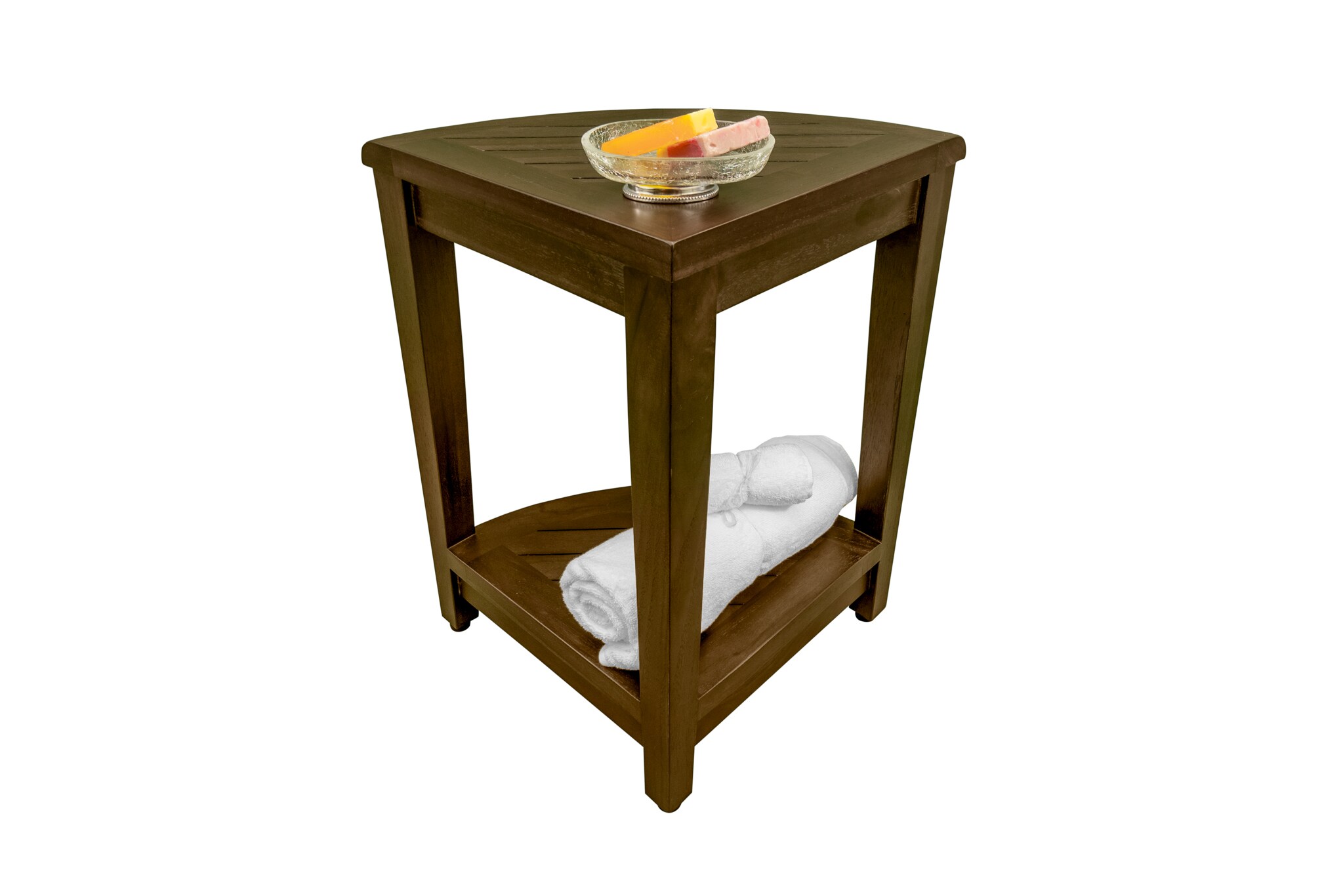23" Dark Brown Teak Corner Shower Shelf with Adjustable Feet