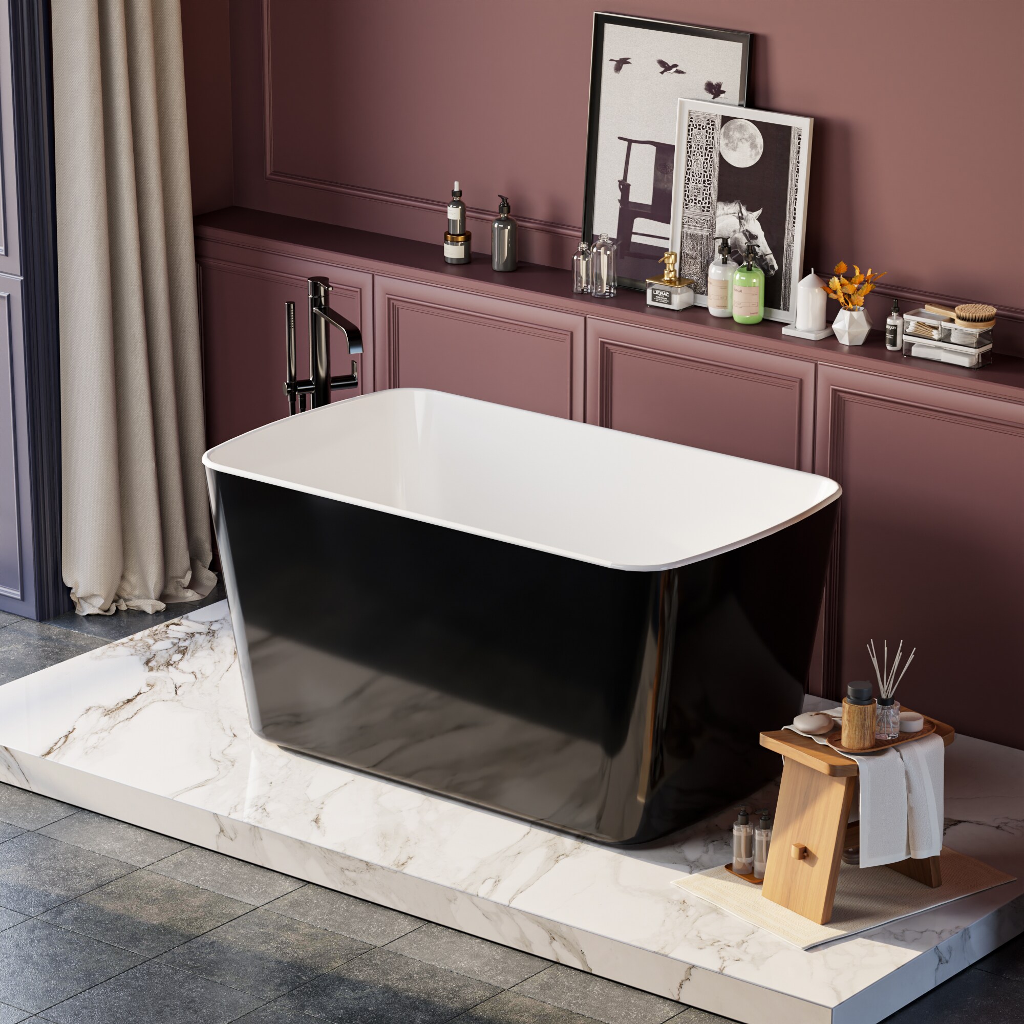 Tatayosi 49 × 28 Inch Glossy Black Acrylic Square Japanese Sit-In Freestanding Soaking Bathtub with Chrome Overflow and Drain