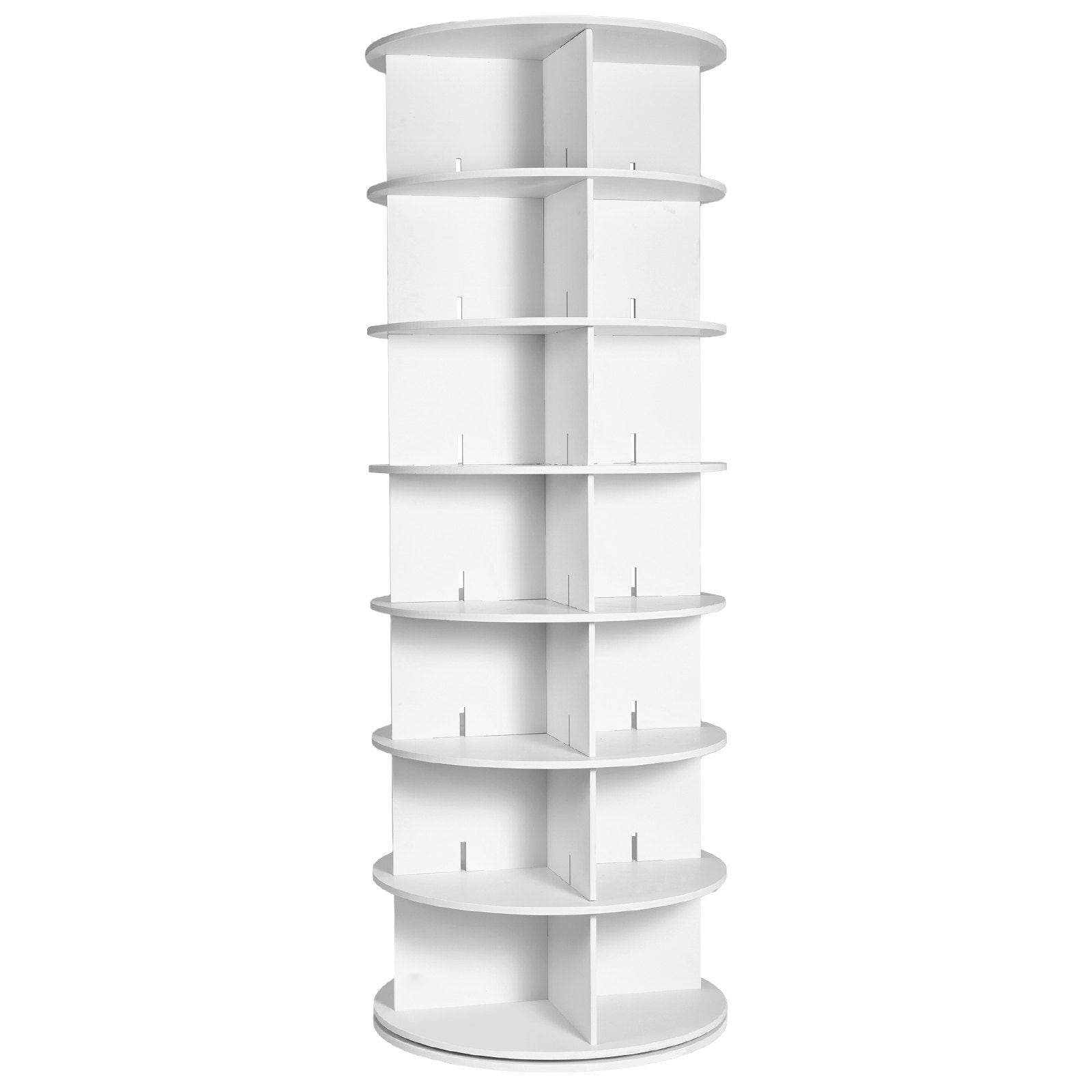 Slickblue 64 inch 7 Tier 28 Pair White PVC Wood-Plastic Board 360 Rotating Vertical Shoe Storage Rack Tower for Entryway Closet Organization