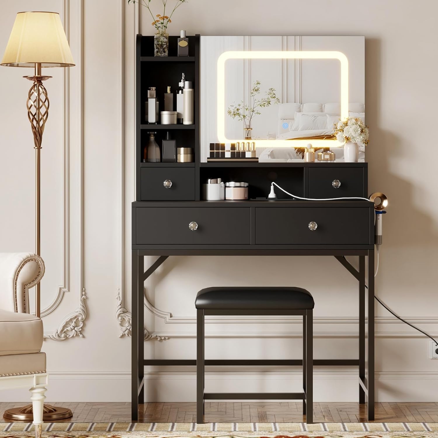 Qeetex Vanity Desk with Mirror - 3 Adjustable Lighting Mode Makeup Vanity - Modern Dressing Table and Stool with Charging Station - 4 Drawers and 2 Open Shelves for Bedroom/Makeup Studio - Black
