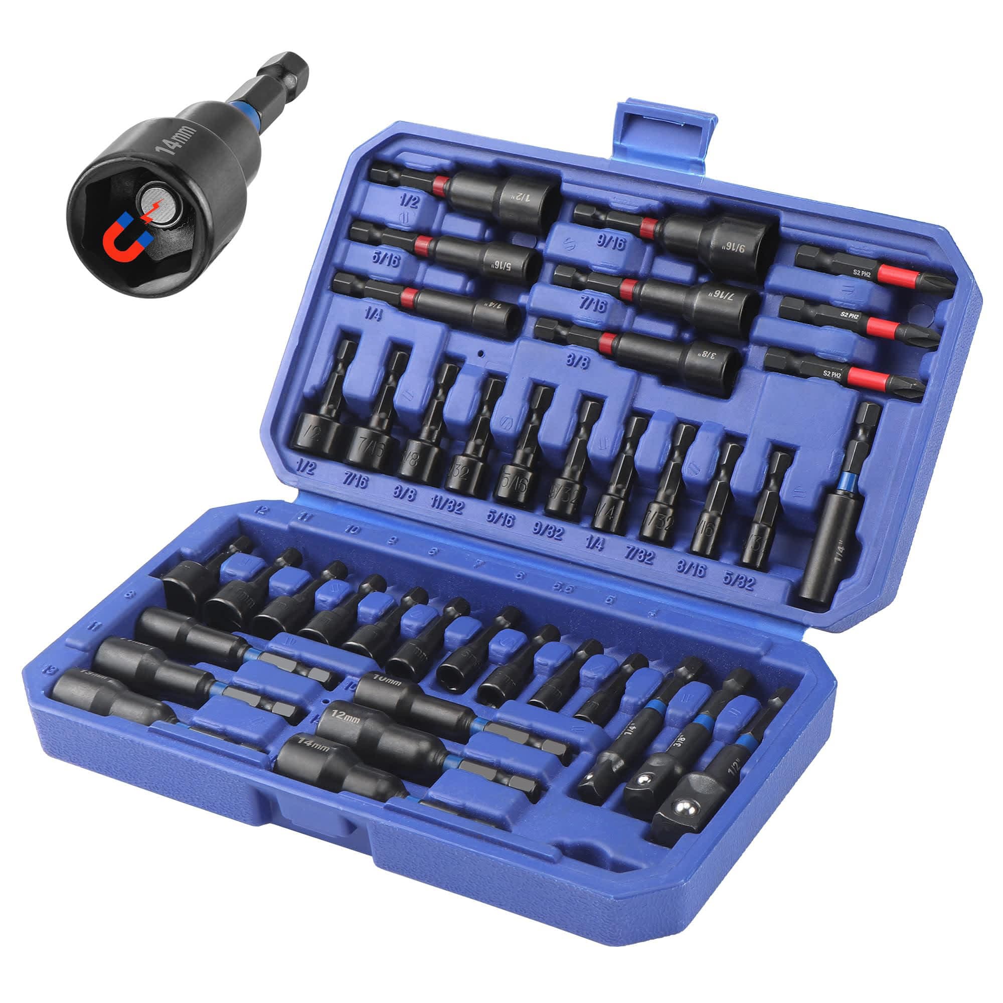 Etokfoks 39 Piece Magnetic Nut Driver Set SAE Metric Cr-V Steel Impact Drill Bit Hex Shank Impact Socket Adapters Screwdriver Bits Tool Case #LET0303N24