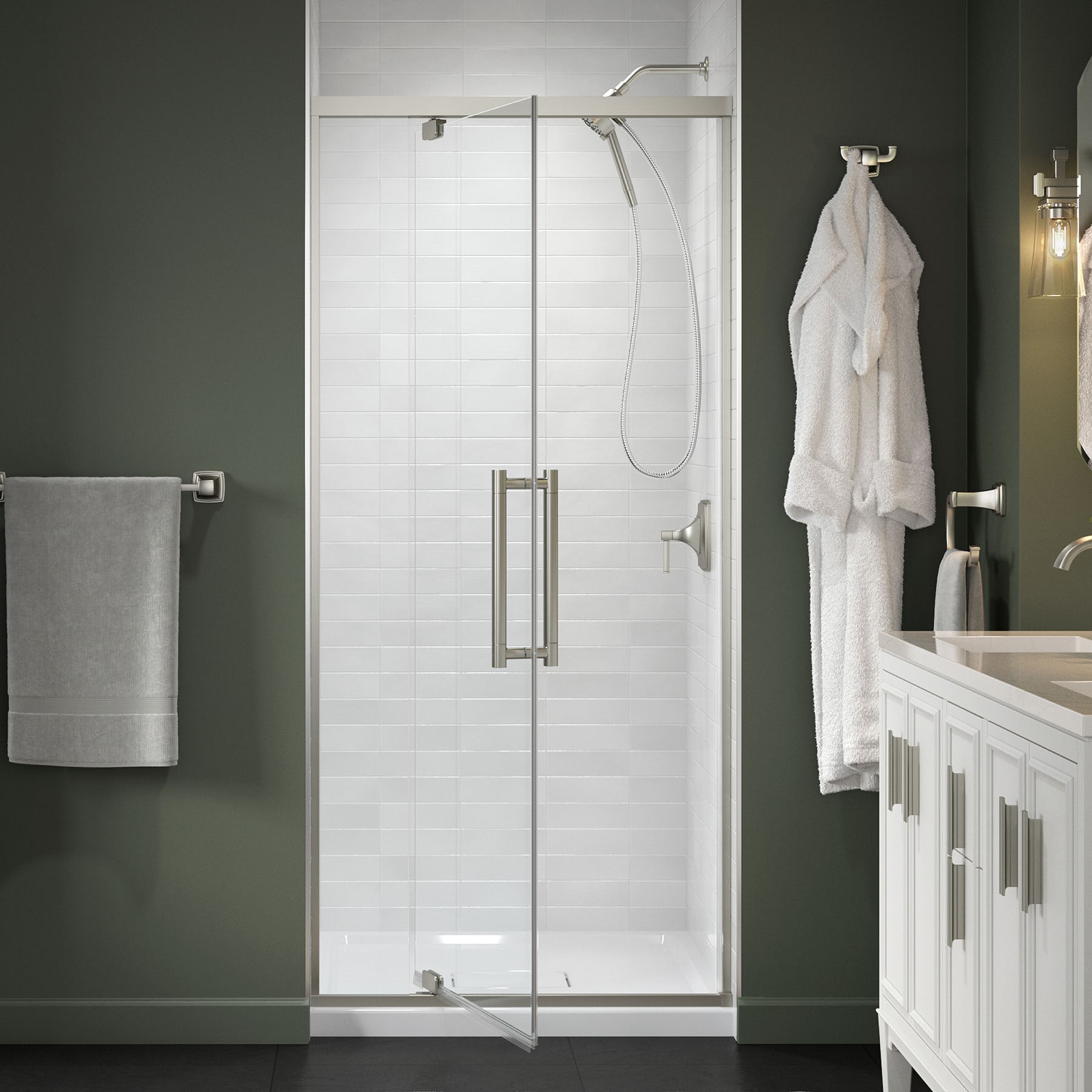 KOHLER 702481-8L-BNK Premise Anodized Brushed Nickel 31-5/8-in to 35-5/8-in W x 76.06-in H Frameless Pivot Soft Close Shower Door 5/16-in Thick Clear Glass