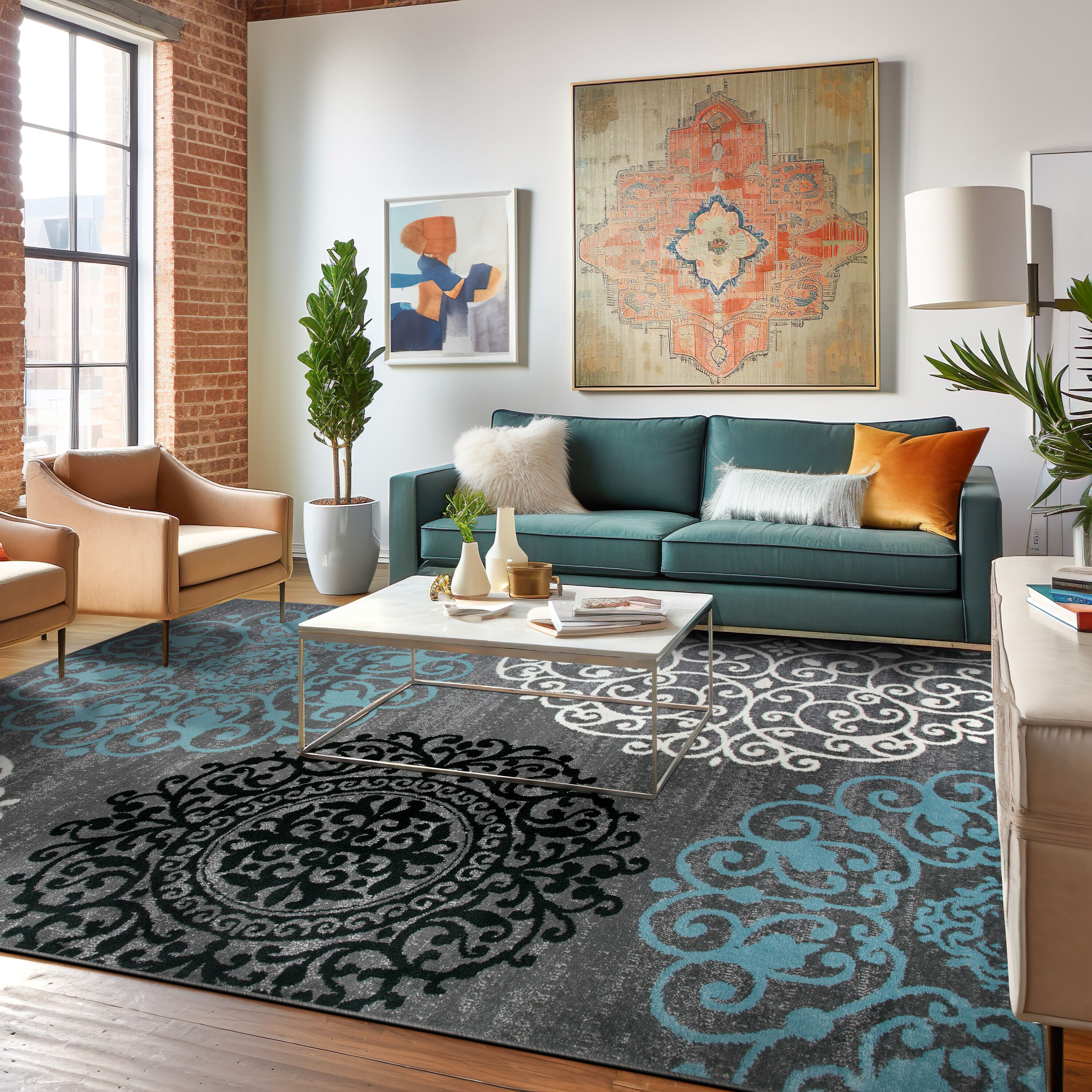 Gray and Blue Floral Synthetic Low Pile Area Rug