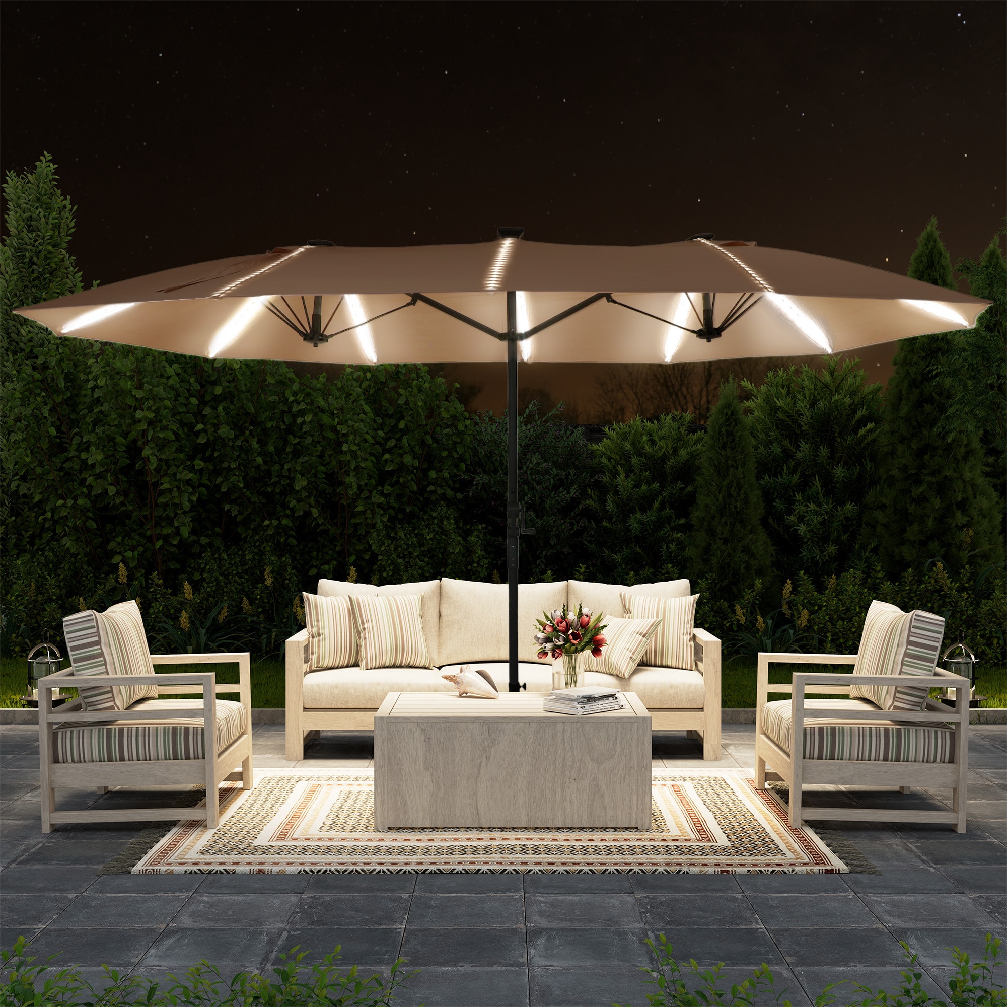 Clihome CLGKBXL-BTN 15 Steel Brown No-tilt Garden Patio Umbrella with Lights and with Base