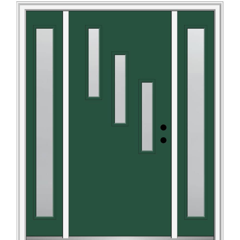 MMI DOOR ZZ348006L Spotlights 60-in x 80-in x 4-9/16-in Fiberglass Pulse lite Left-hand inswing Hunter Green Painted Prehung Front Door with Sidelights with Brickmould Insulating core