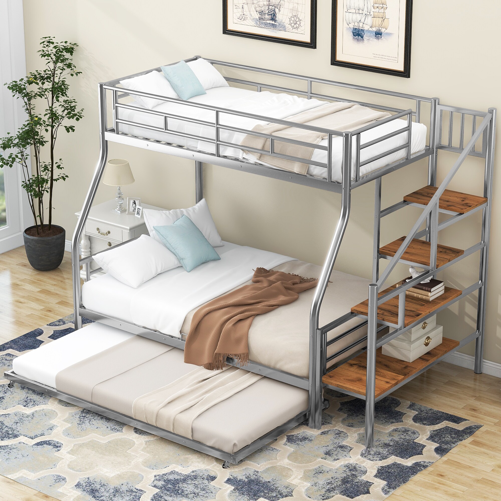 ModernLuxe L3P-DL001124AAN Twin over Full Size Metal Bunk Bed with Trundle and Storage Staircase Silver