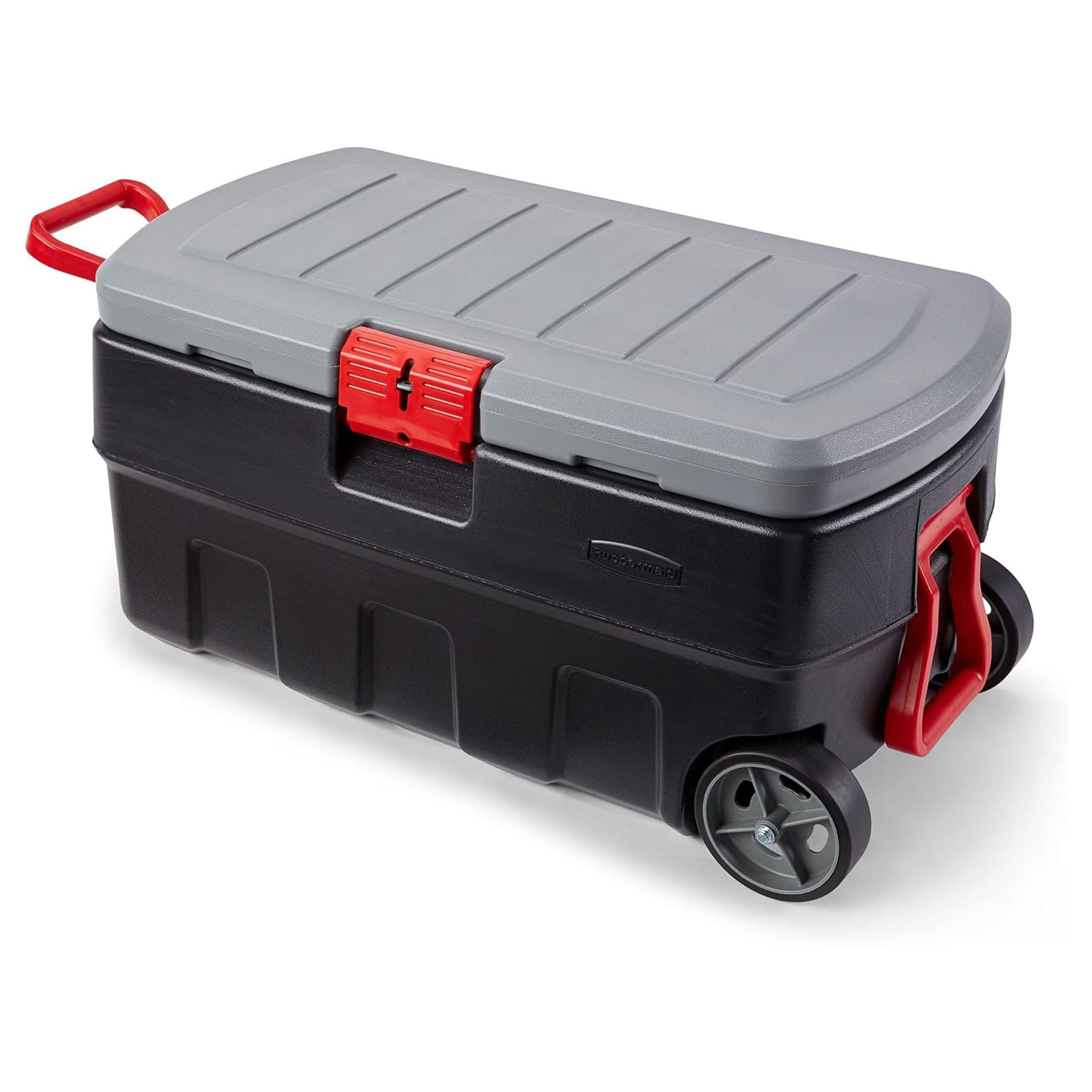 Rubbermaid 411881 35 Gallon Action Packer Lockable Latch Storage Box Tote with Wheels and Handle