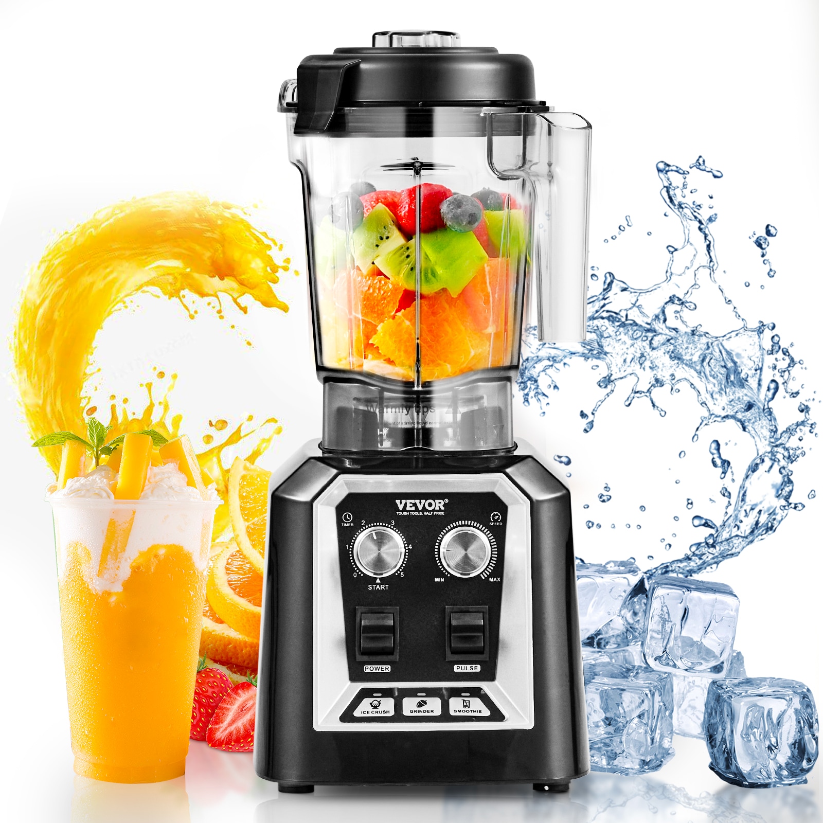 VEVOR Black Stainless Steel Commercial Countertop Blender with Variable Speed
