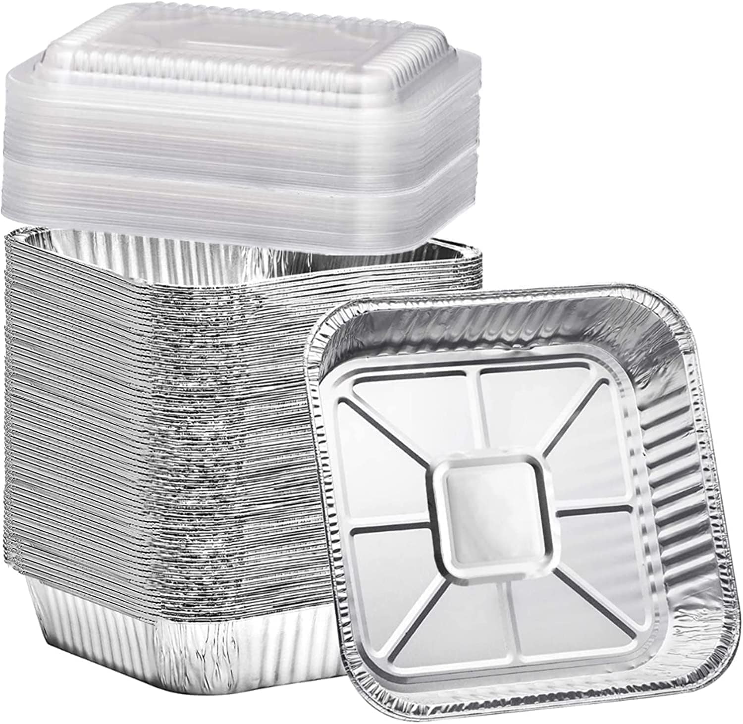 Vrbgify  35 pack 8x8 Aluminum Foil Pans with Clear Plastic Lids Disposable Square Baking Pans for Cooking Roasting Storing and Meal Prep