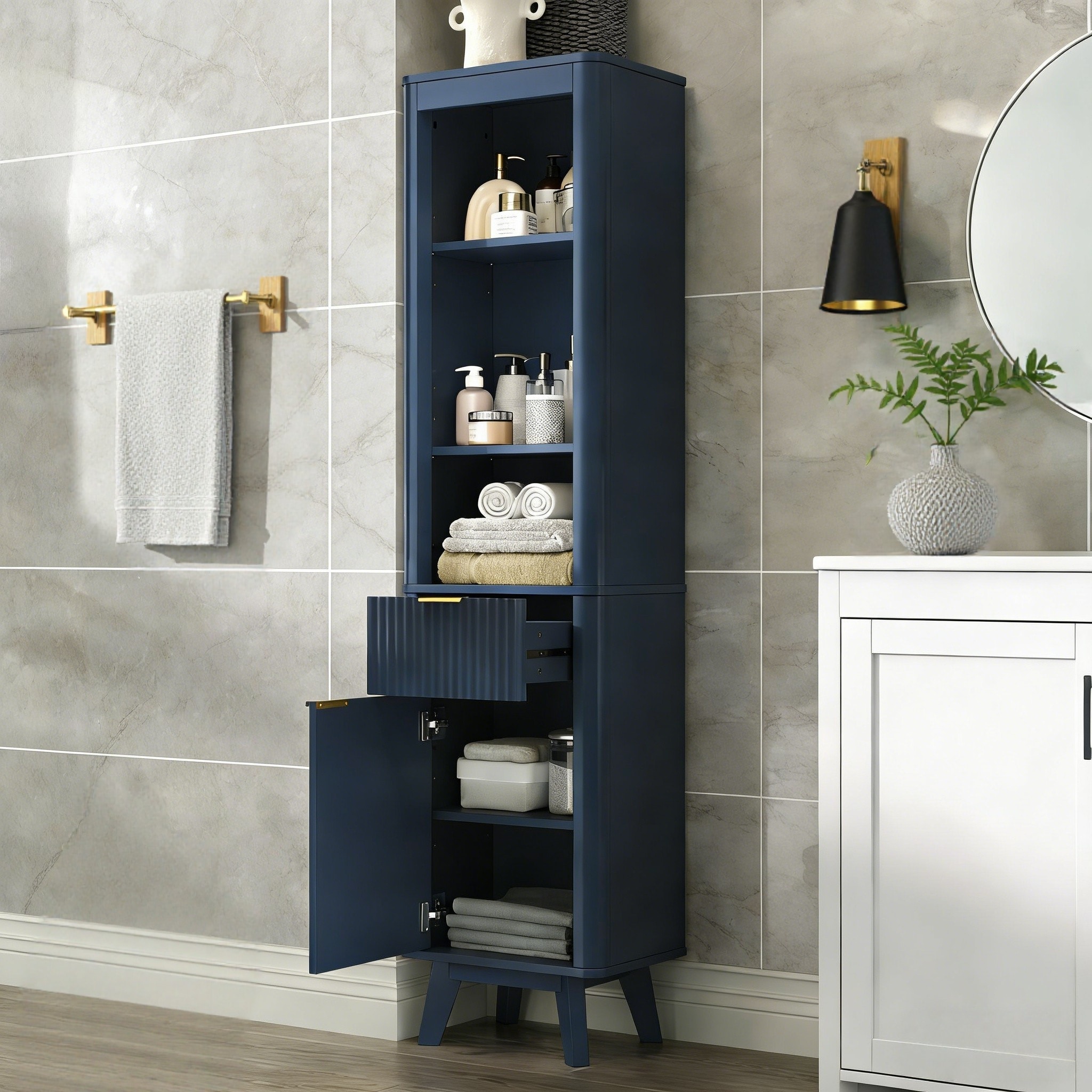 KTMBDW 68-In H Tall Bathroom Storage Cabinet with Doors and Drawer - Narrow Storage Unit with Adjustable Shelves for Bathroom Kitchen (Blue)