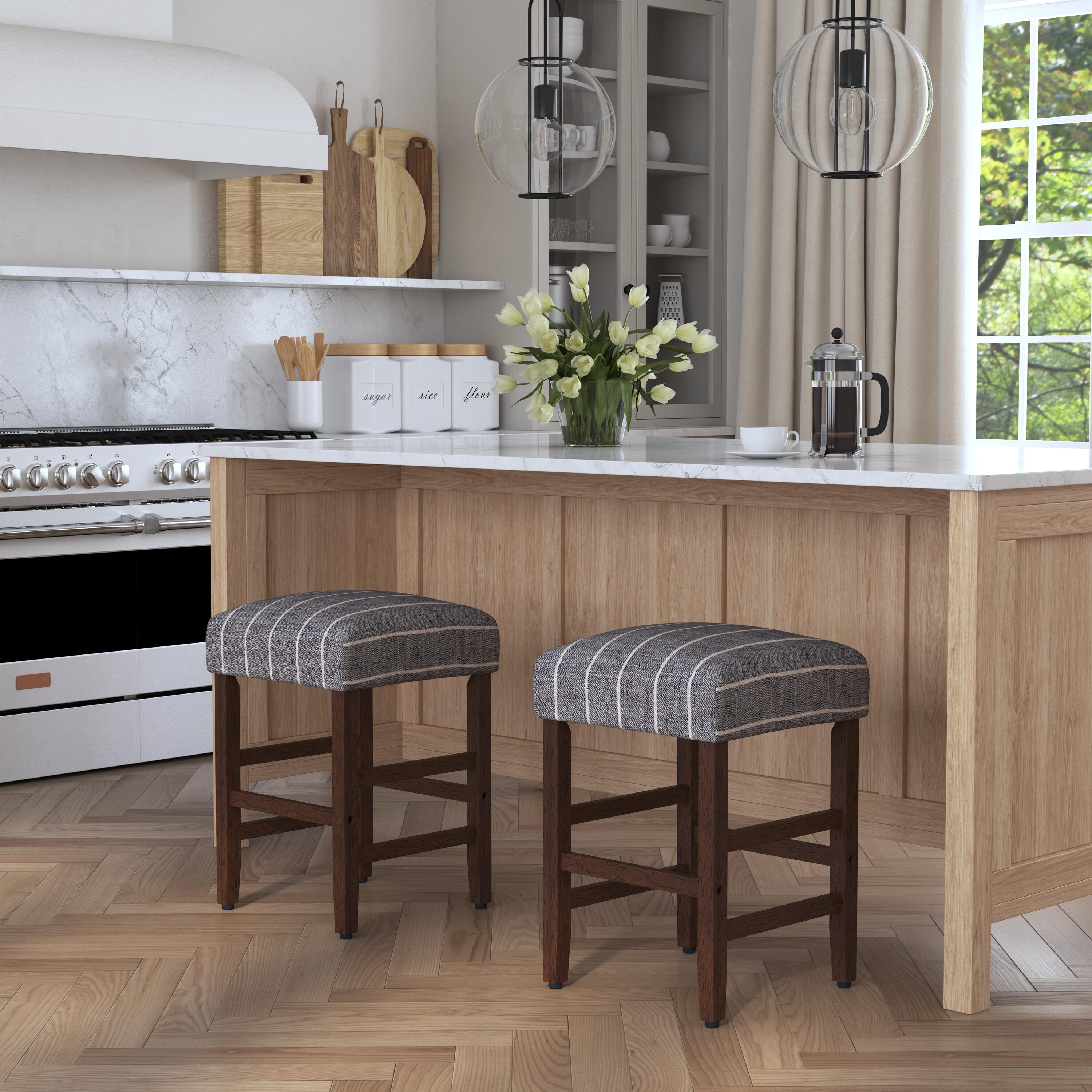 HomePop K7699.24-F2425 1 Barstool Square Midnight Woven Stripe 25-in H Counter height Square seat Upholstered Wood Bar Stool