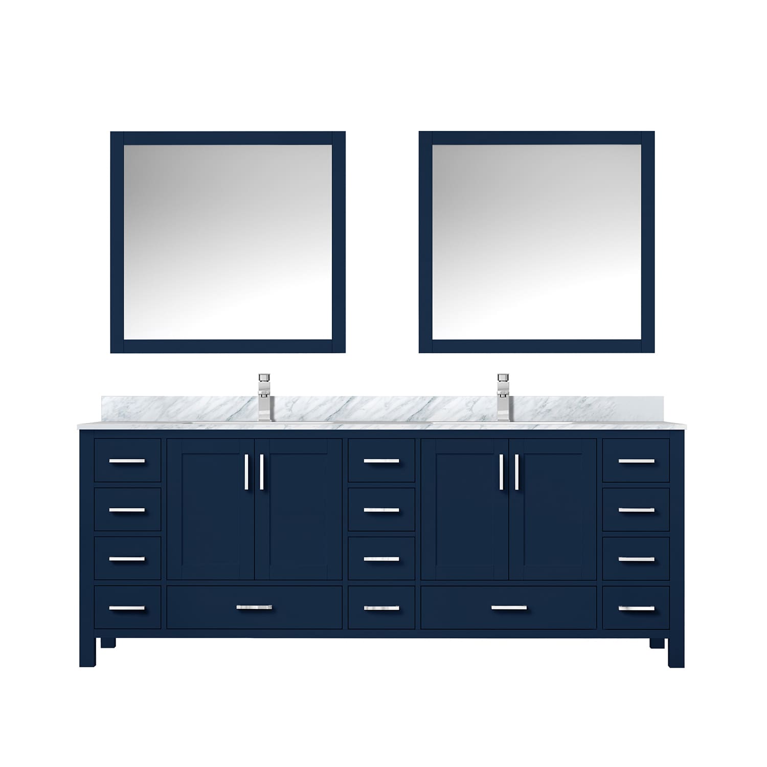 Lexora LJ342284DEDSM34F Jacques 84-in Navy Blue Undermount Double sink Bathroom Vanity with White Carrara Marble Marble Top (Mirror Included) (Faucet Included)