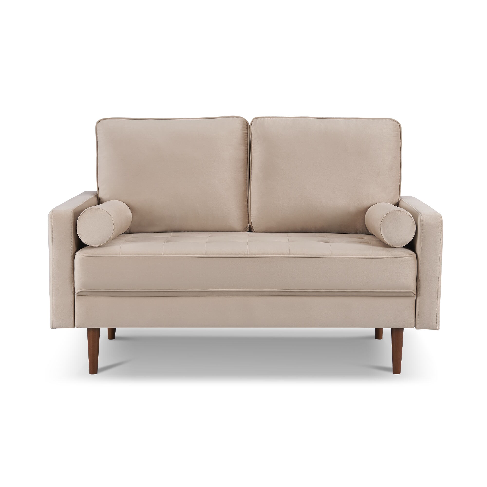 Beige Velvet Loveseat with Wood Legs and Bolster Pillows