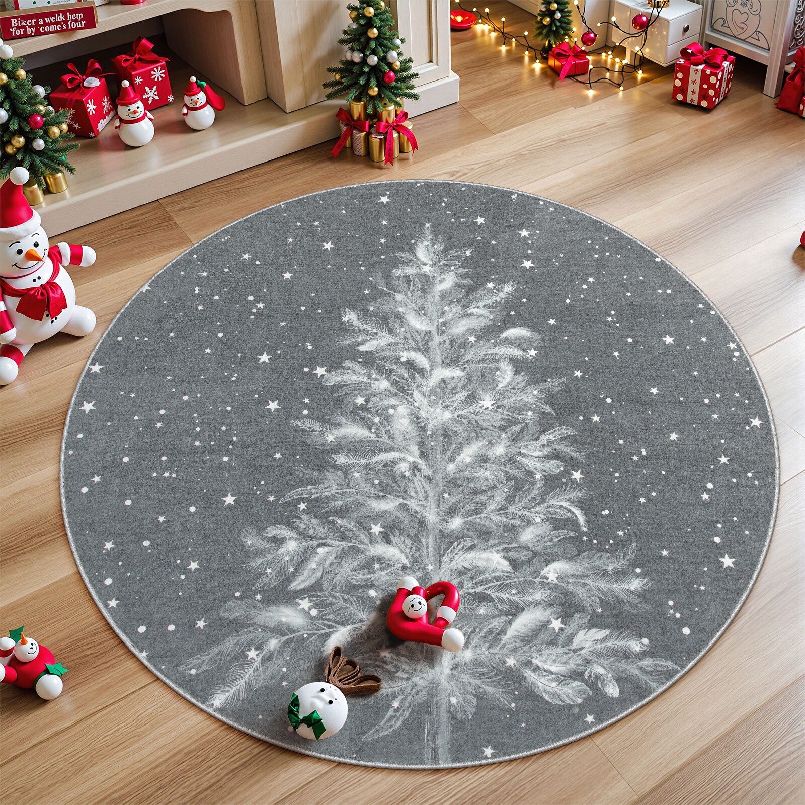 Lahome AR-DYR-409-GR10 4 x 4 (ft)Gray Christmas Forest Deer Moroccan Full Coverage Pearl Velvet Rectangular Indoor Area Rug