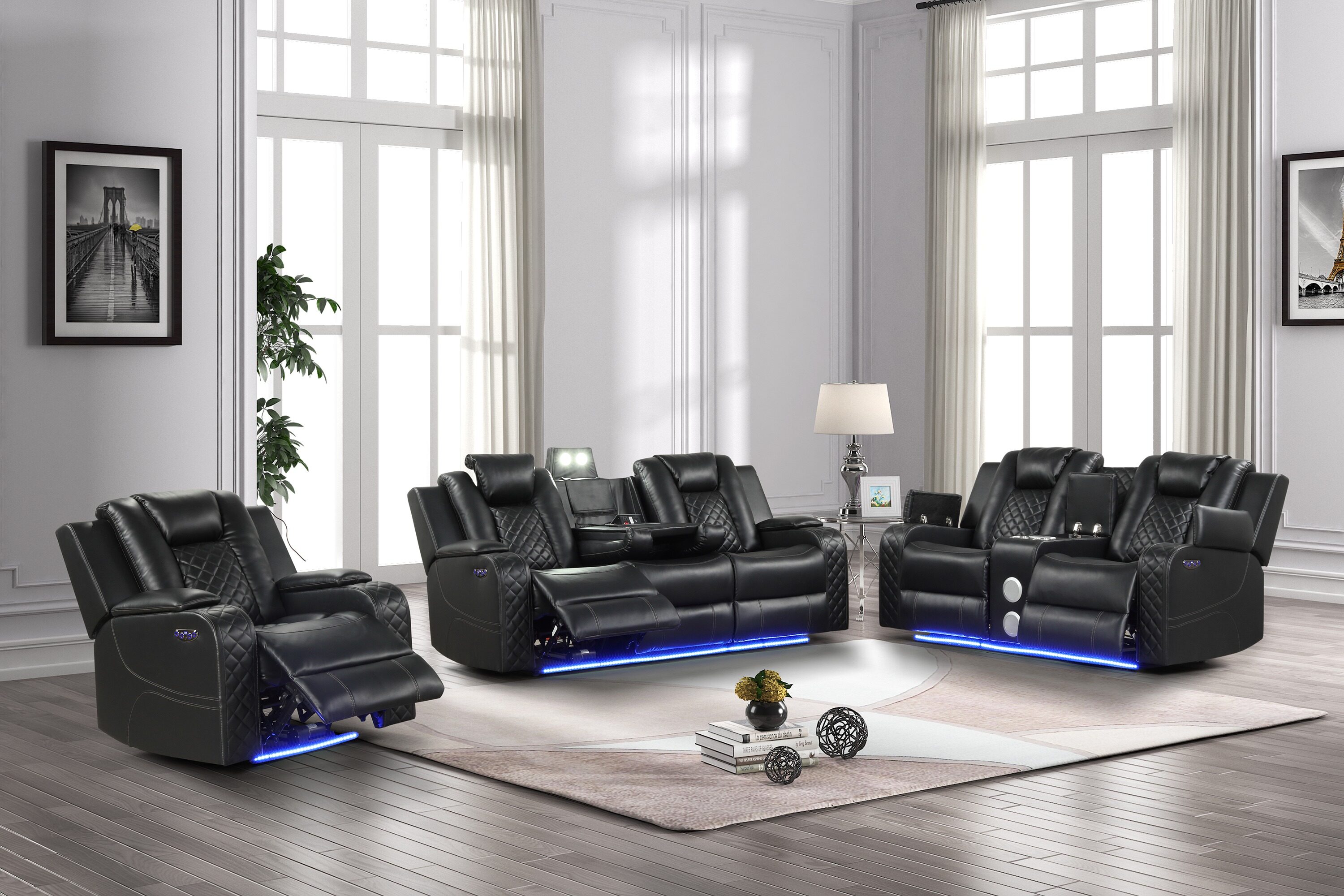 Galaxy Modern 3 Piece Faux Leather Black Living Room Set 698781200681 At