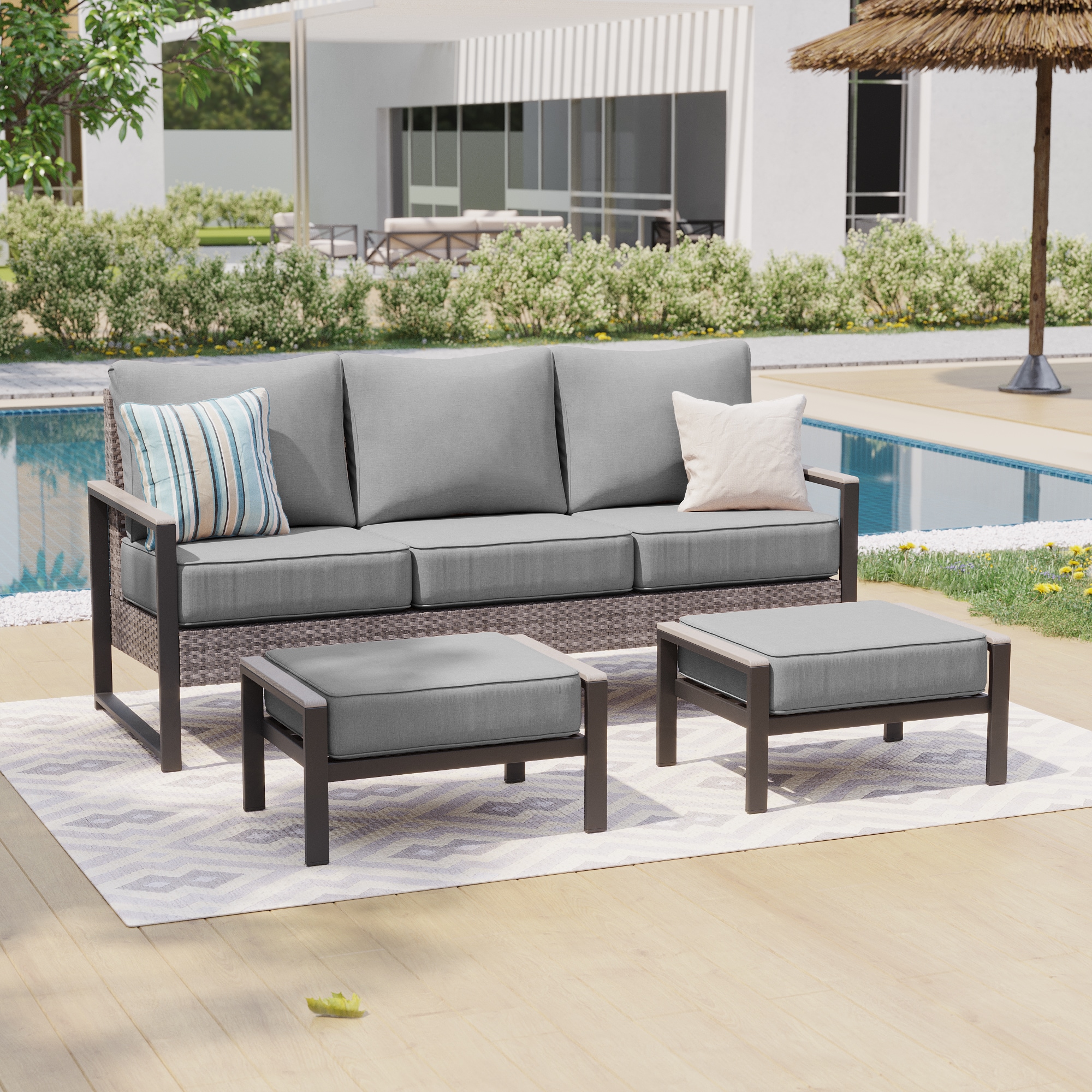Sonkuki SD-R-HGY-120T2 3 -Piece Wicker Patio Sofa Conversation Set with Gray Cushions
