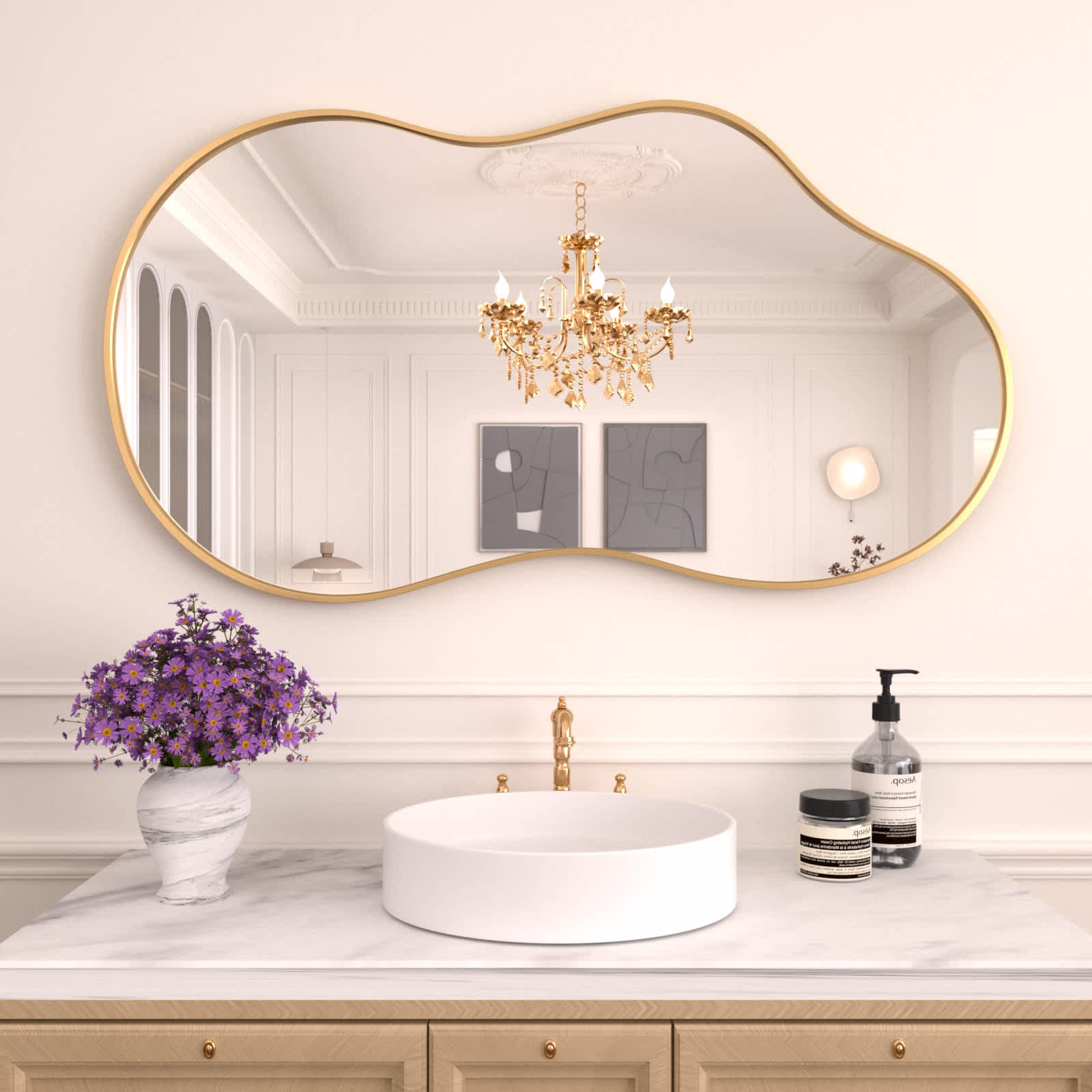 Amorho Gold 20 in W. x 36 in. H Abstract Wavy Irregular Aluminum Alloy Framed Mirror for Bathroom Living Room Entryway