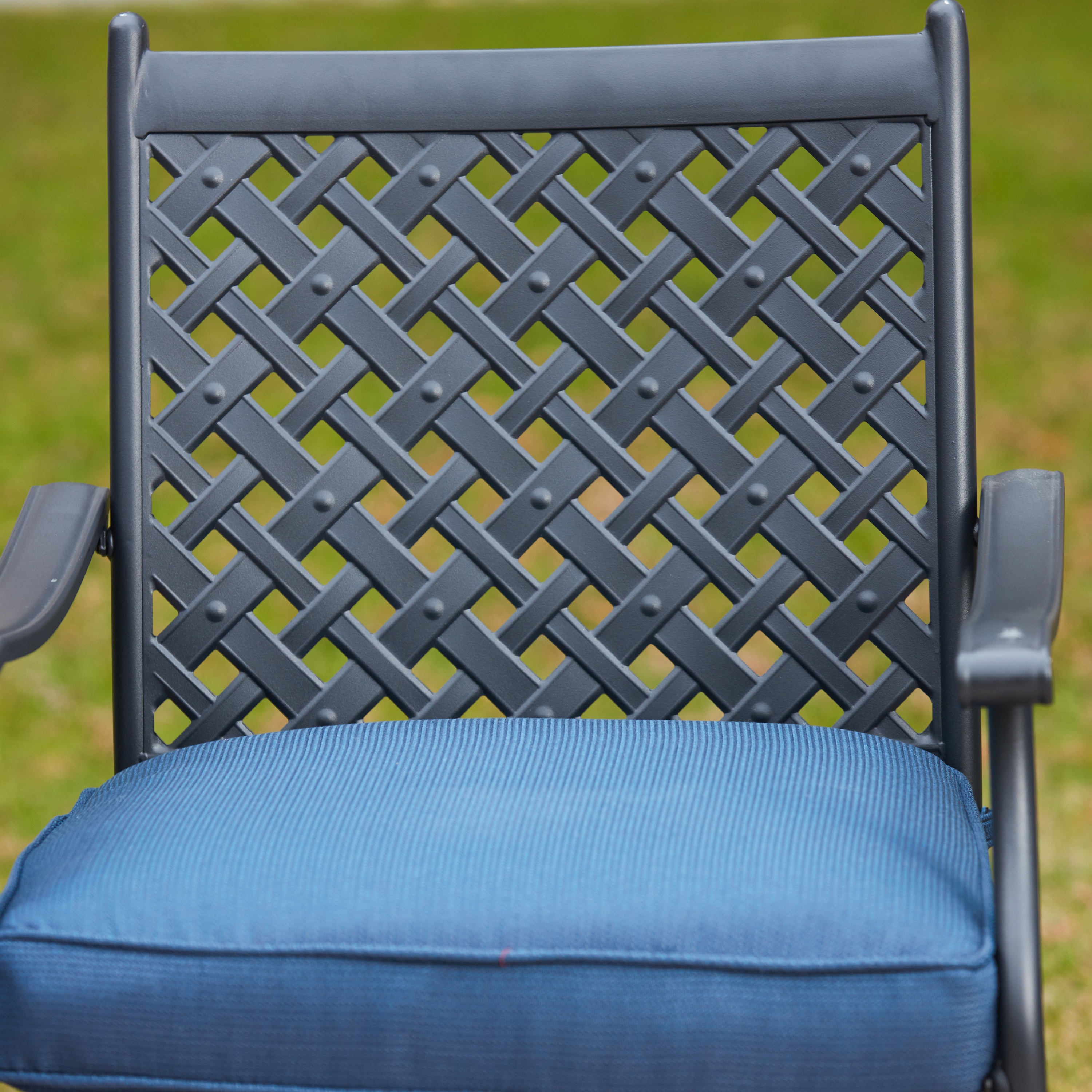 Black Steel Frame Dining Chairs with Blue Cushions, Set of 4