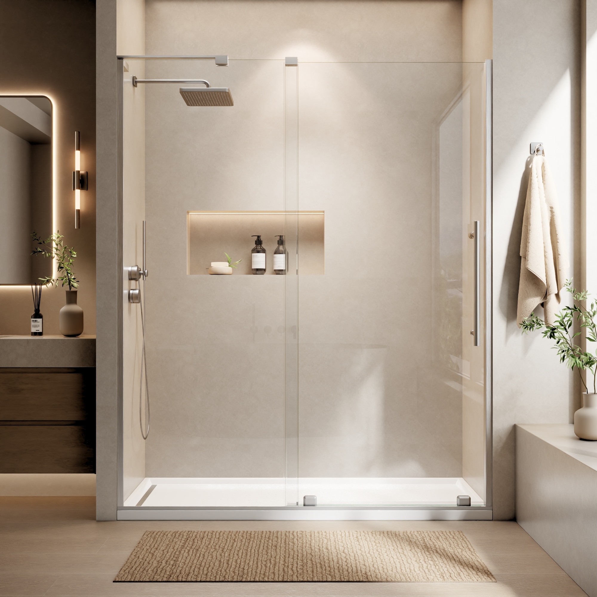 ANGELES HOME  56-in to 60-in W x 72-in H Brushed Nickel Frameless Bottom-Roller Sliding Shower Door with 5/16-in Tempered Clear Glass