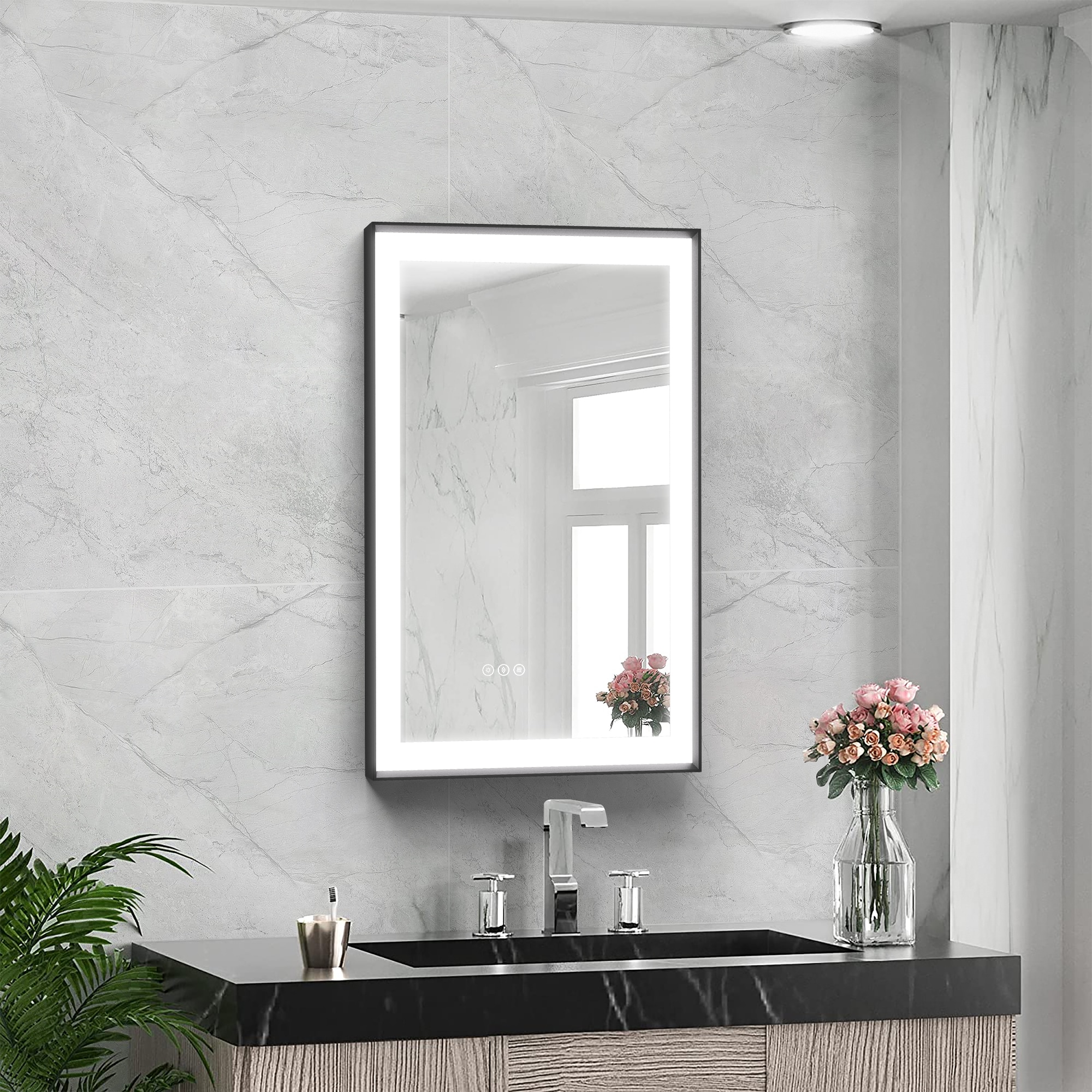 Maxax MS02-2436-KK VM 24-in x 36-in Framed Rectangle Dimmable LED Lighted Fog Free Bathroom Vanity Mirror ( Sanded Matte Black )