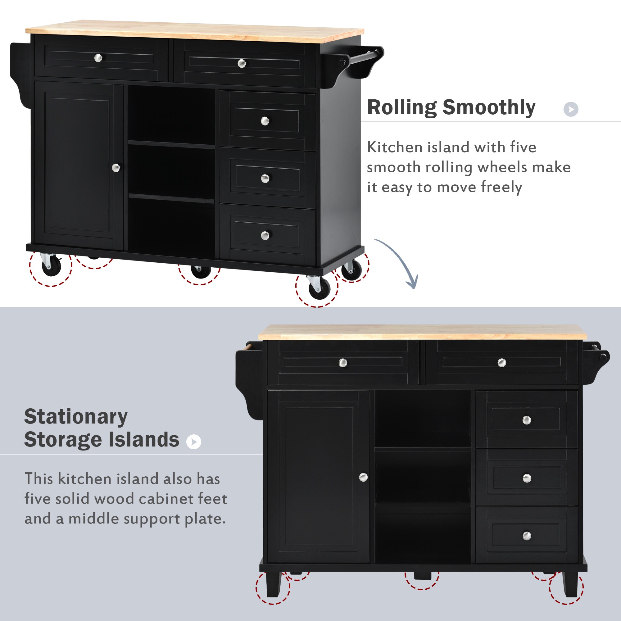 Runesay Black Mdf Base with Mdf Wood Top Rolling Kitchen Island (18.1-in x 52.8-in x 36.2-in)
