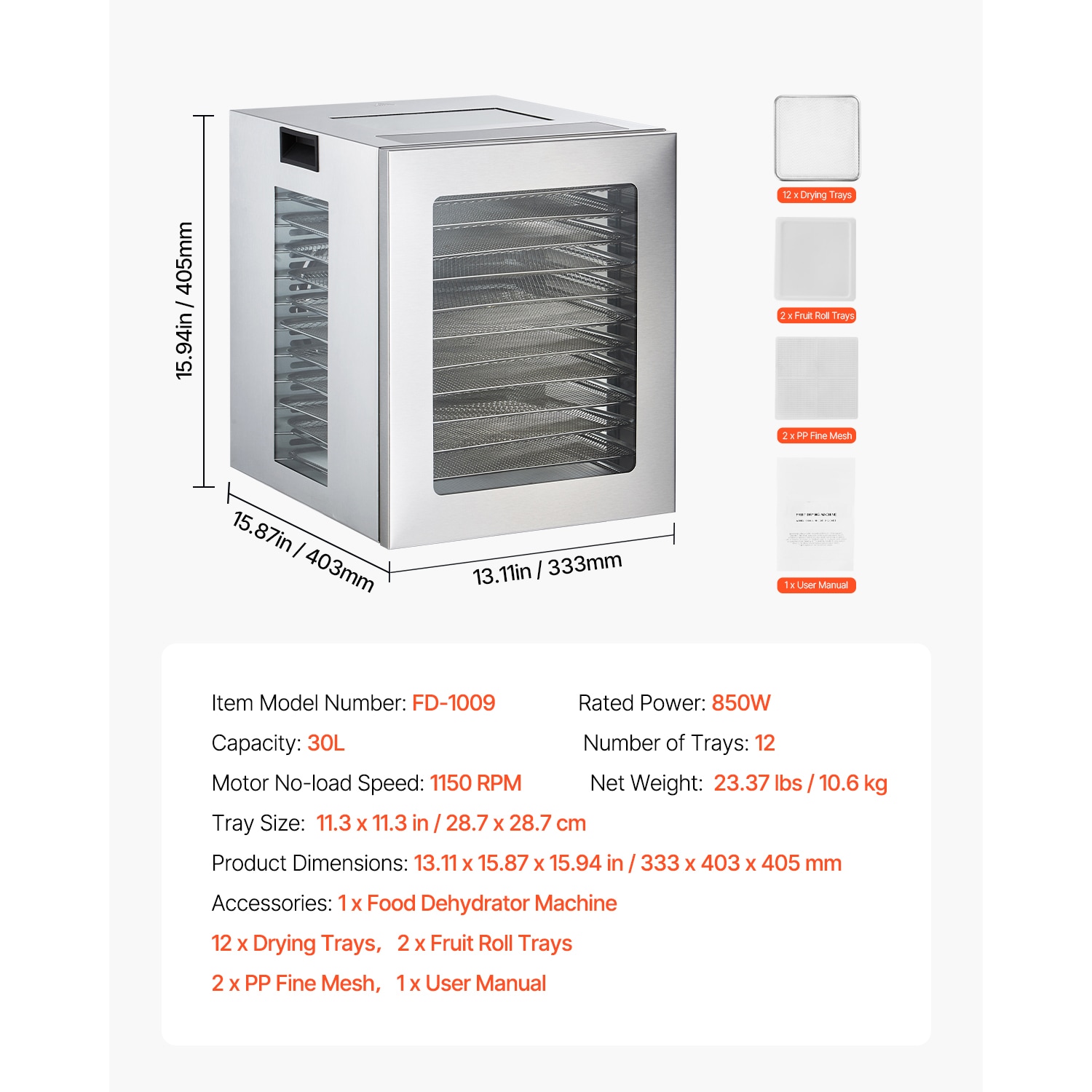 Stainless Steel 10-Tray Food Dehydrator with Adjustable Thermostat