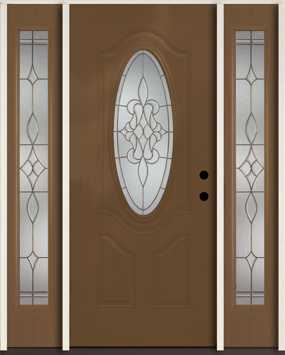 RELIABILT LO964448 Stately 60-in x 80-in x 4-5/8-in Fiberglass Oval lite Left-hand inswing Woodhaven Stain Stained Prehung Single door with sidelights Front Door Insulating core Decorative glass