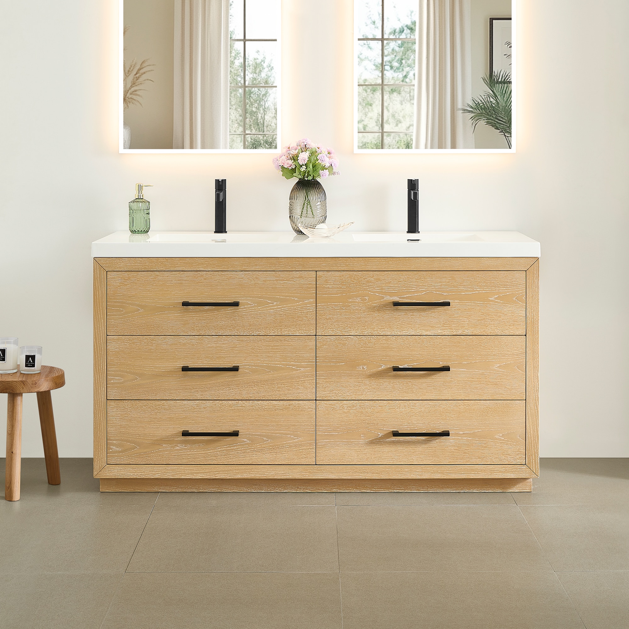 Altair 579060-WO-WH-NM Sigrid 60-in White Oak Double Sink Bathroom Vanity with White Engineered Stone Top
