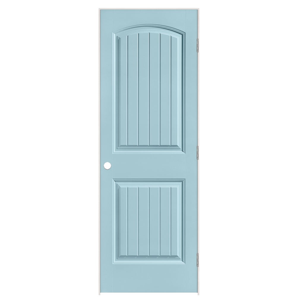 Masonite 1443779 28-in x 80-in Sea Mist Solid core 2-panel round top plank Left hand Smooth Prefinished Molded composite Flat Jamb Single Prehung Interior Door