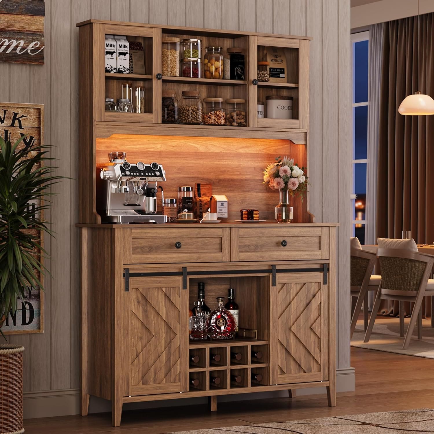 Qeetex PHK-34BLKE6S-KLN 72 Inch Brown Farmhouse Bar Cabinet with Sliding Barn Door and Charging Station and 2 Drawers and 8 Storage Shelves for Dining Room and Kitchen