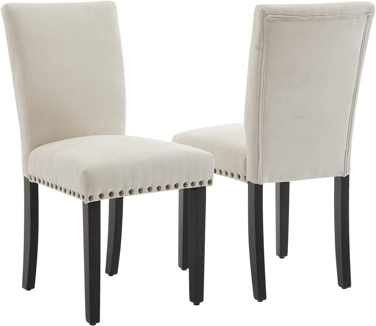 Qeetex LHF-CY-7BL19 Upholstered Dining Chairs Set of 2 - Fabric Parsons Dining Room Chair with Nailhead Trim and Sturdy Wood Legs - Modern Fabric Accent Chair Kitchen Chairs for Dining Room/Kitchen - Beige