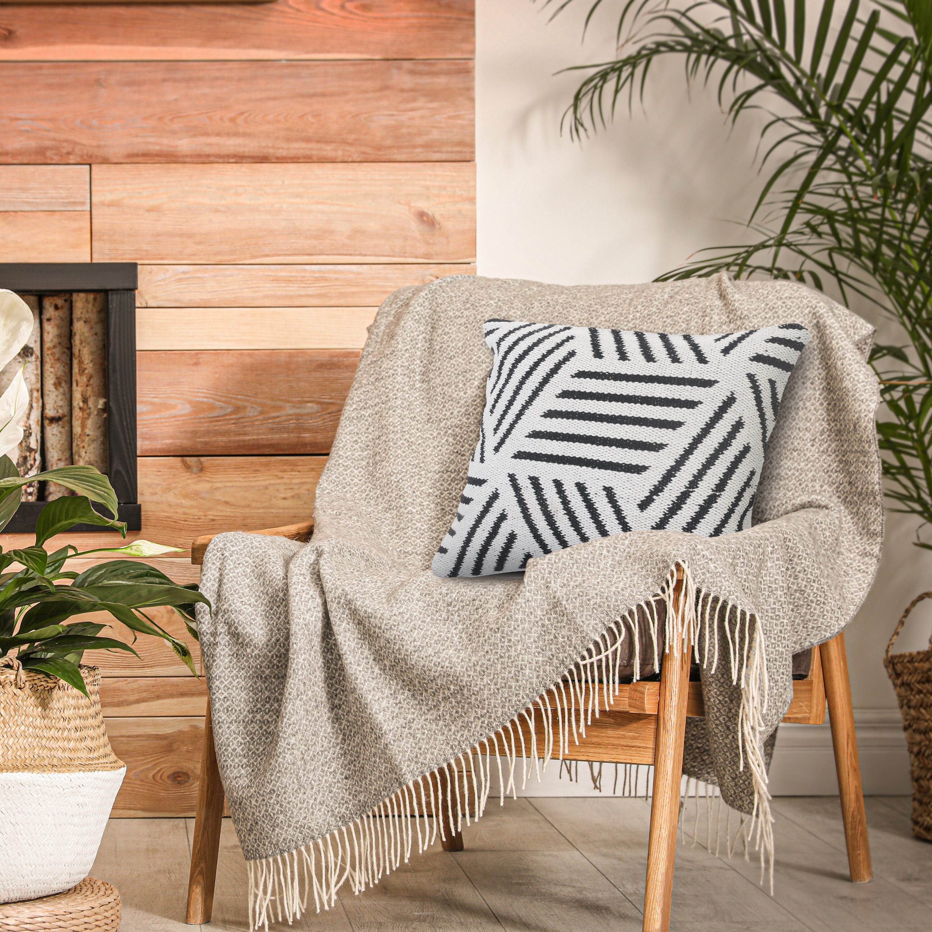Black and White Geometric Cotton Square Pillow, 20 in