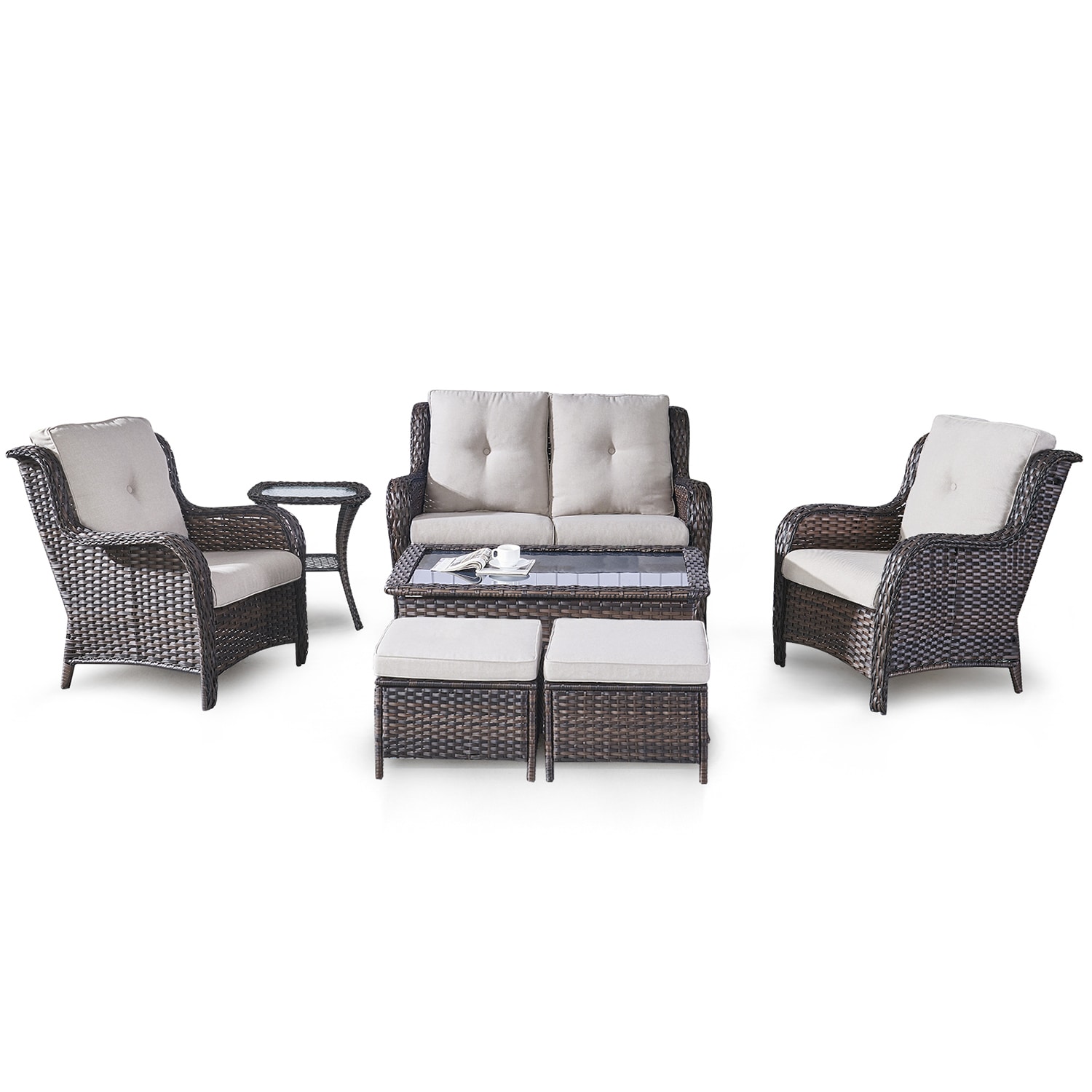Rilyson FS038018025006014-2 Curved Handrail 7-Piece Wicker Patio Conversation Set with Multiple Colors/Finishes Cushions