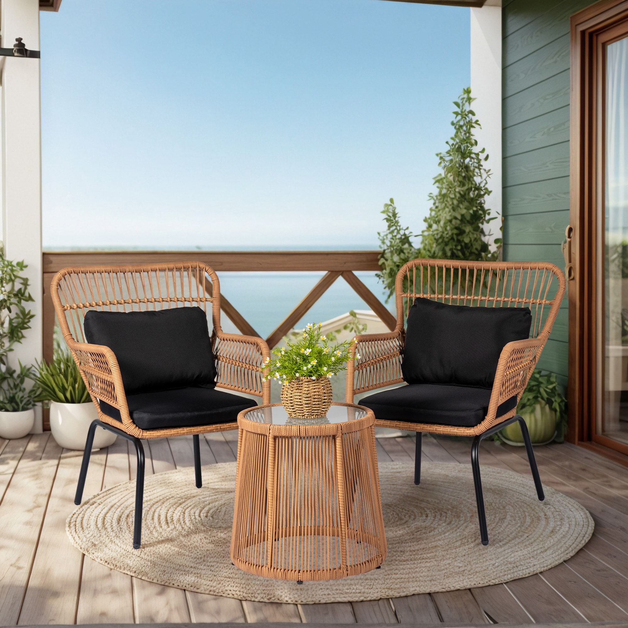 Grearden LS-NF020BK 3 -Piece Rattan Patio Conversation Set with Black Cushions