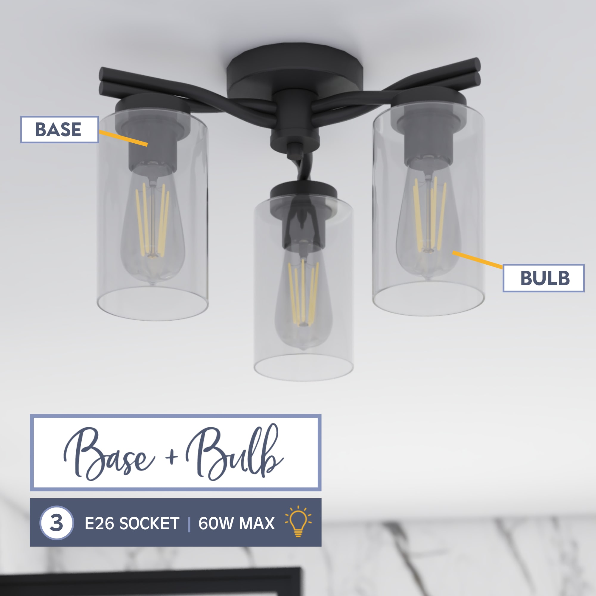 Matte Black 3-Light Semi-Flush Mount with Clear Glass Shades