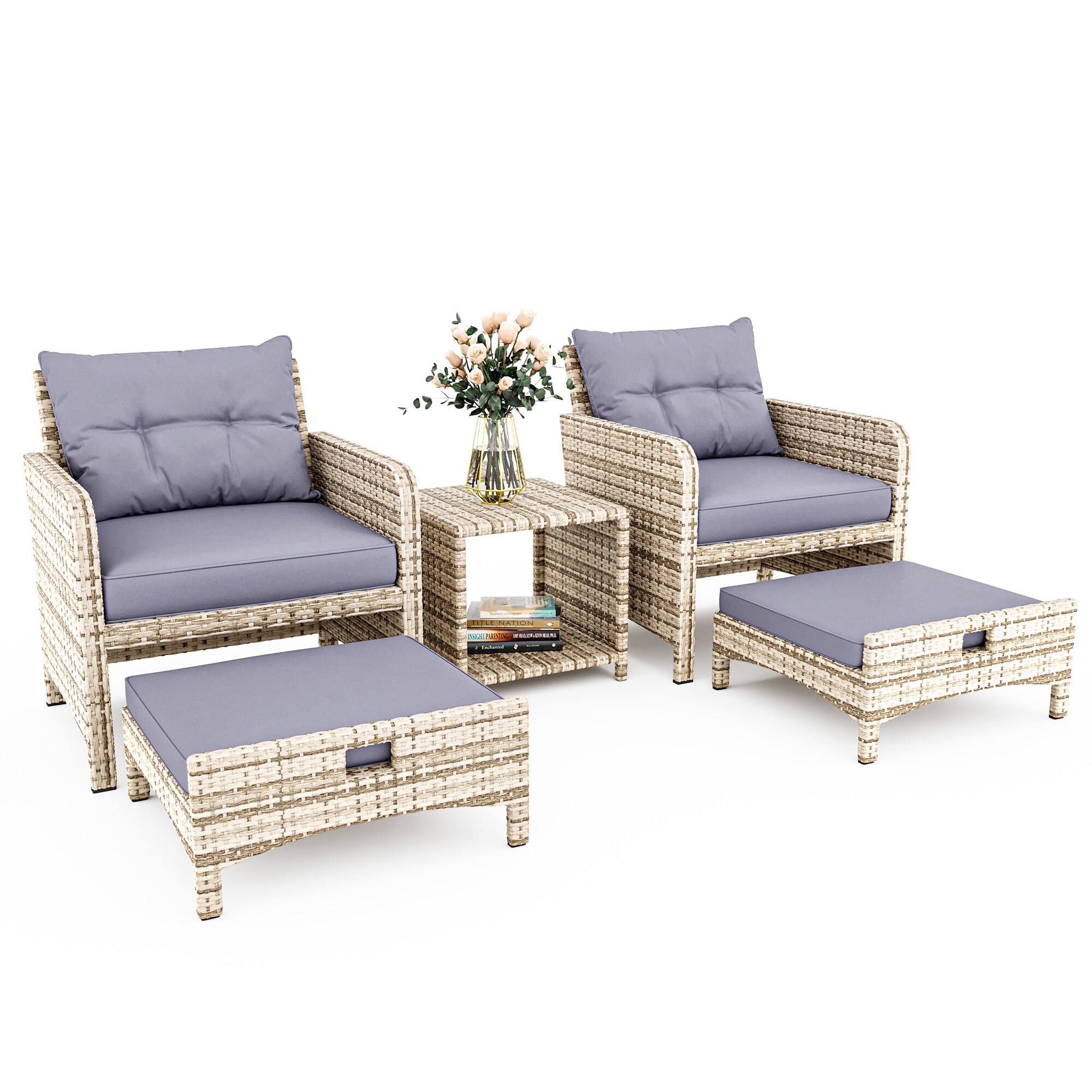 PamaPic 5-Piece Patio Conversation Set 5 -Piece Wicker Patio Conversation Set with Purple Pamapic Cushions