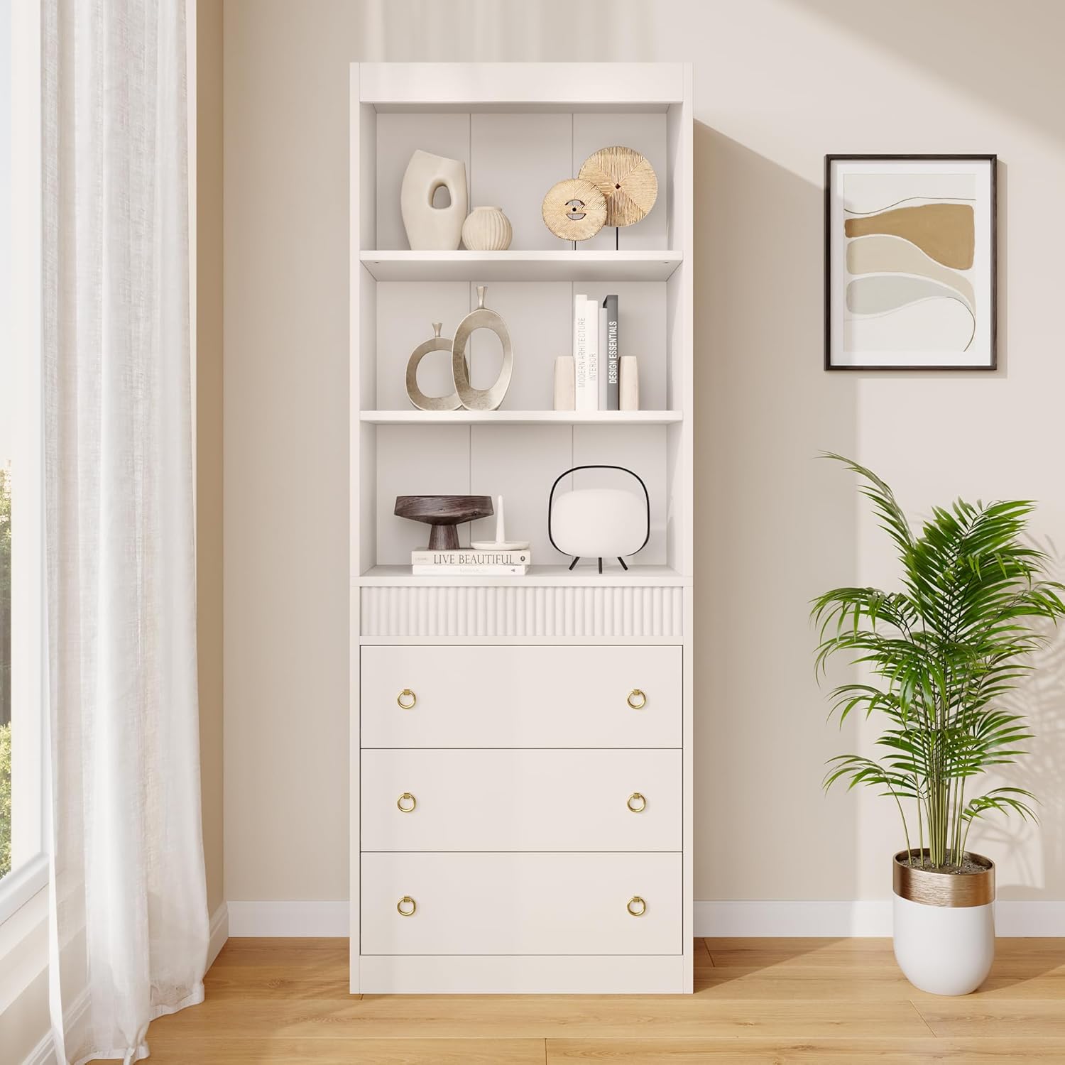 Garvee 70.8x24.8 Inch Tall Fluted Bookshelf with Drawers 6 Tier Bookcase  with Waved Design Open Shelves and Storage Drawers Freestanding Storage  Cabinet for Living Room Office Bedroom White in the Bookcases department
