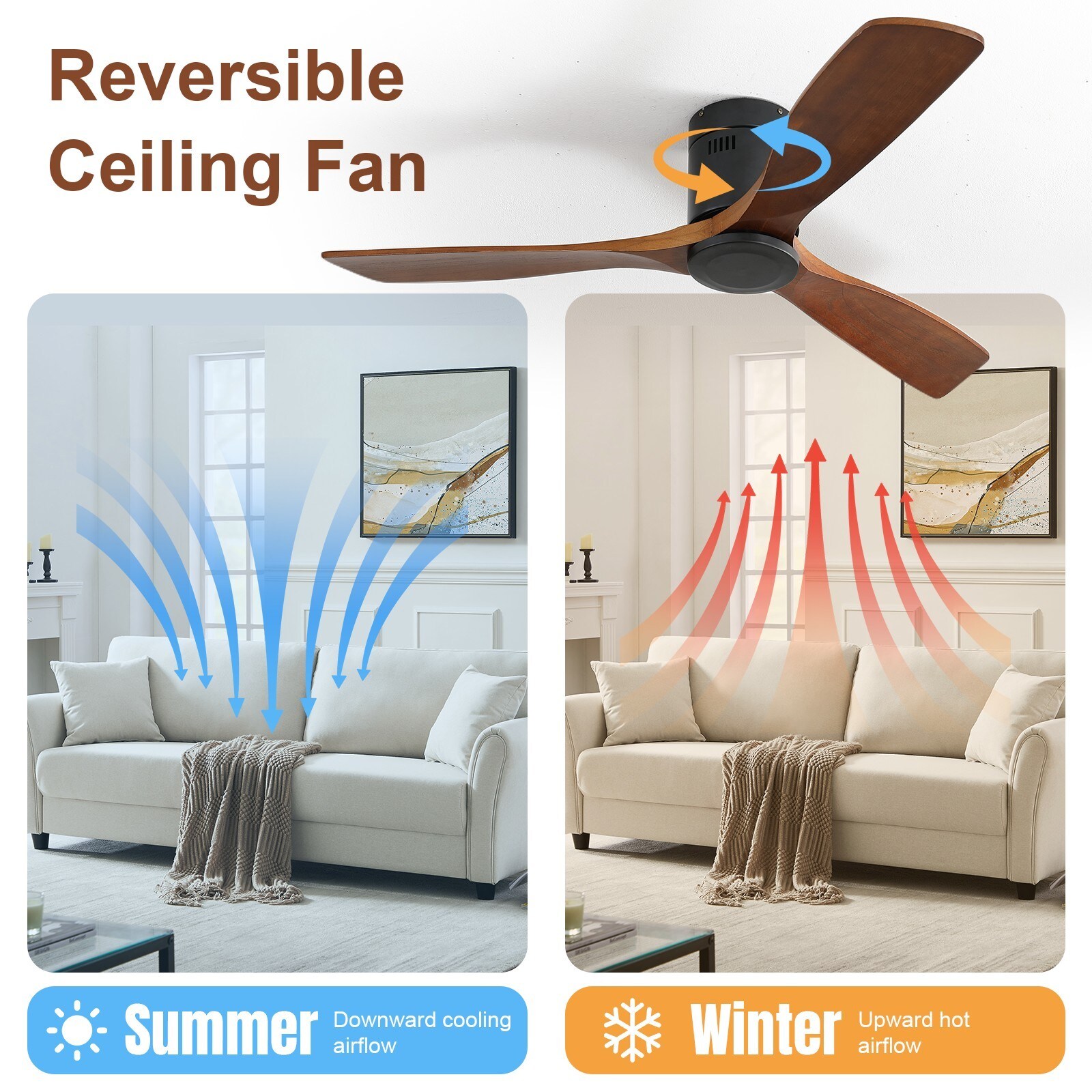 GlasFlength 52-Inch Indoor Wooden Ceiling Fan With 3 Solid Wood Blades ...