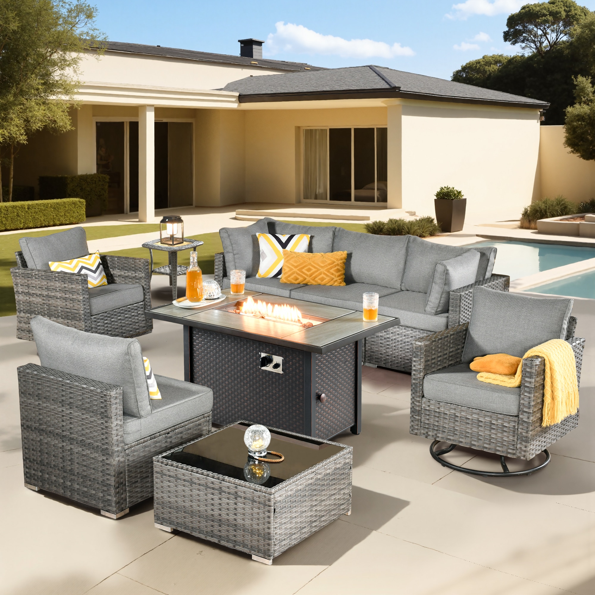 Pouuin SCFPHOP209 7 -Piece Wicker Patio Sofa Conversation Set with Dark Gray Cushions