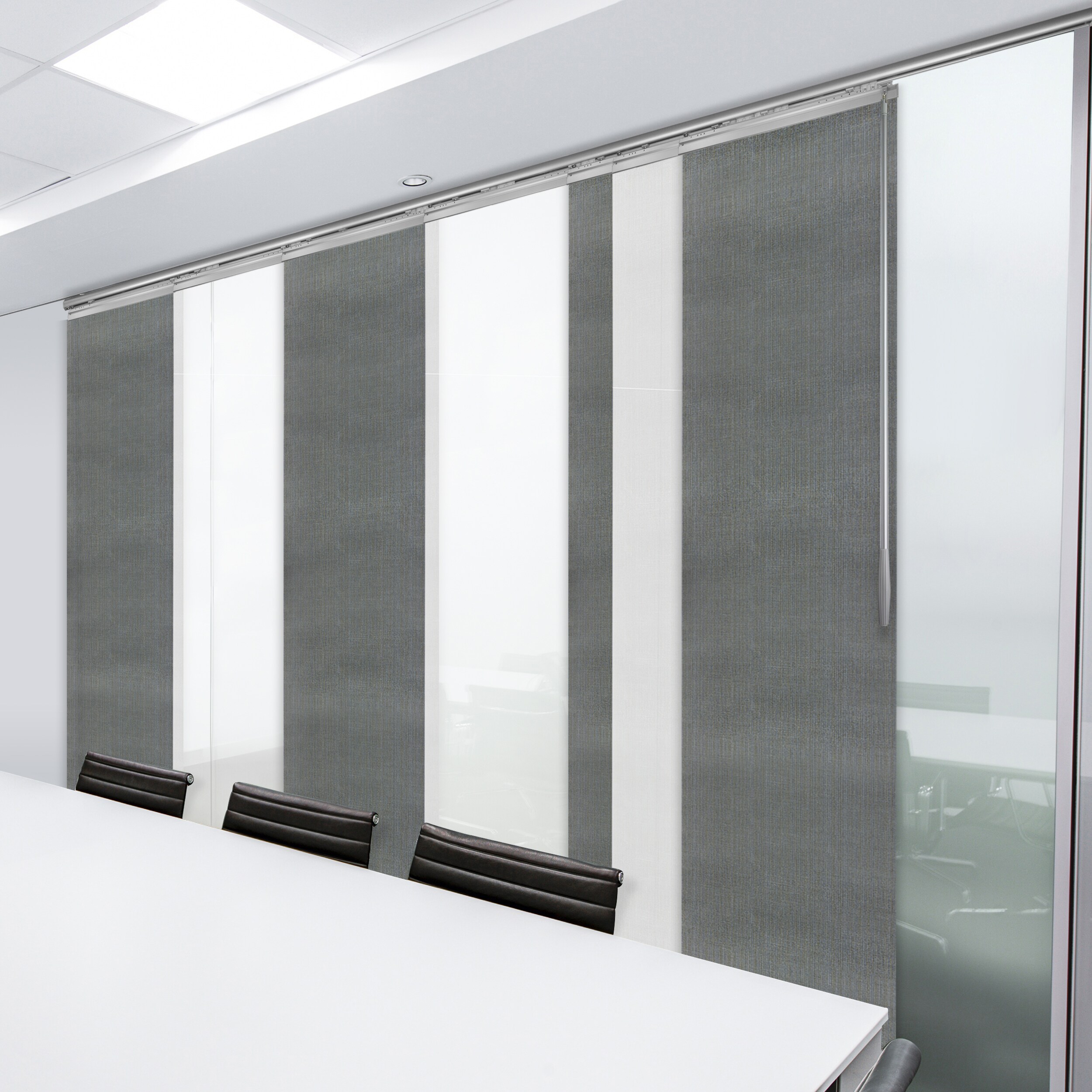 Hart & Harlow L-T24-7-3P12A-4P34A 7-panel combo 0.3-in Slat Width 23.5-in x 94-in Cordless Satin Nickel Aluminum Light filtering Vertical blinds
